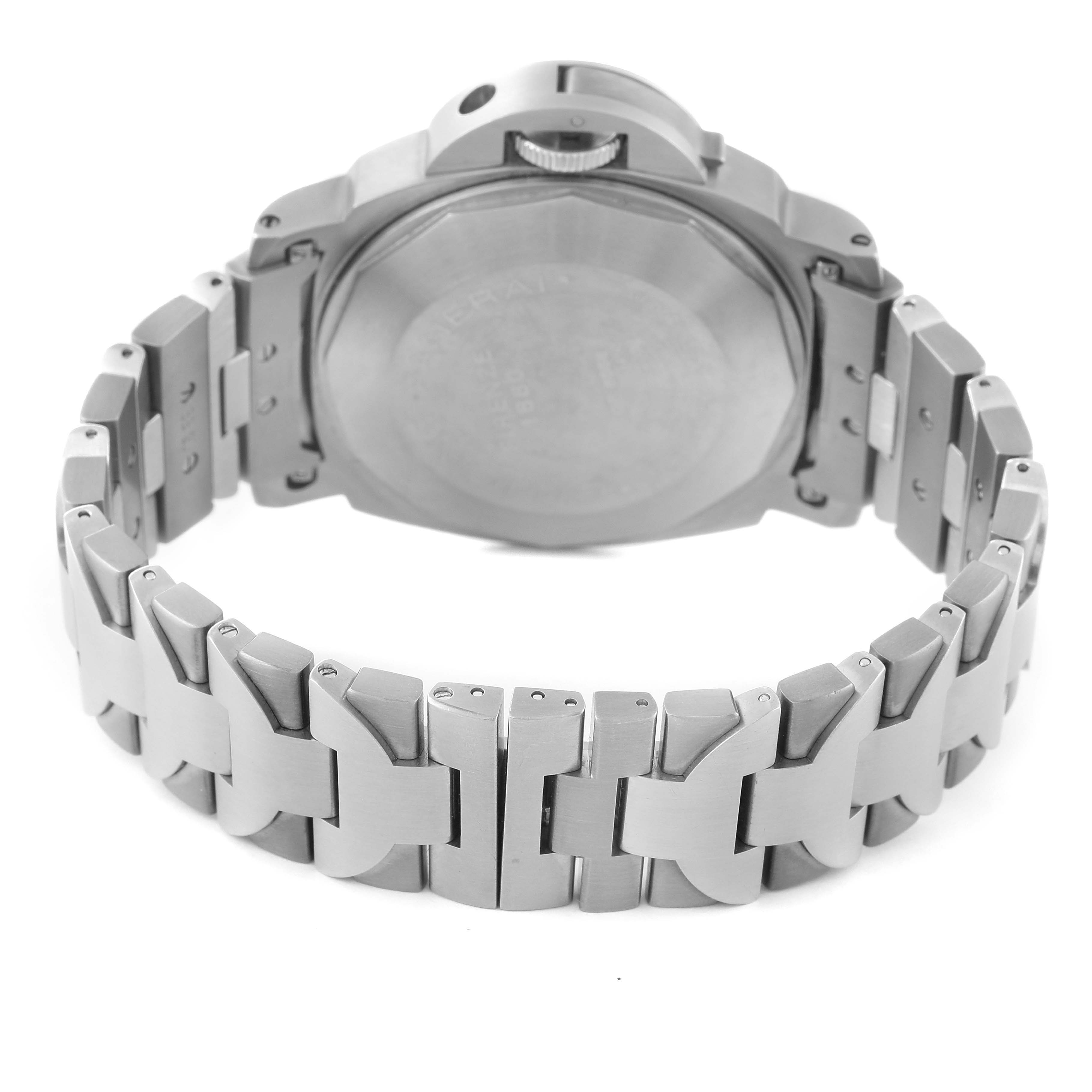 The image shows the back case and metal bracelet of the Panerai Luminor PAM00091 Men's Titanium Grey Dial PAM00091 Men's Titanium Grey Dial watch from a rear angle.