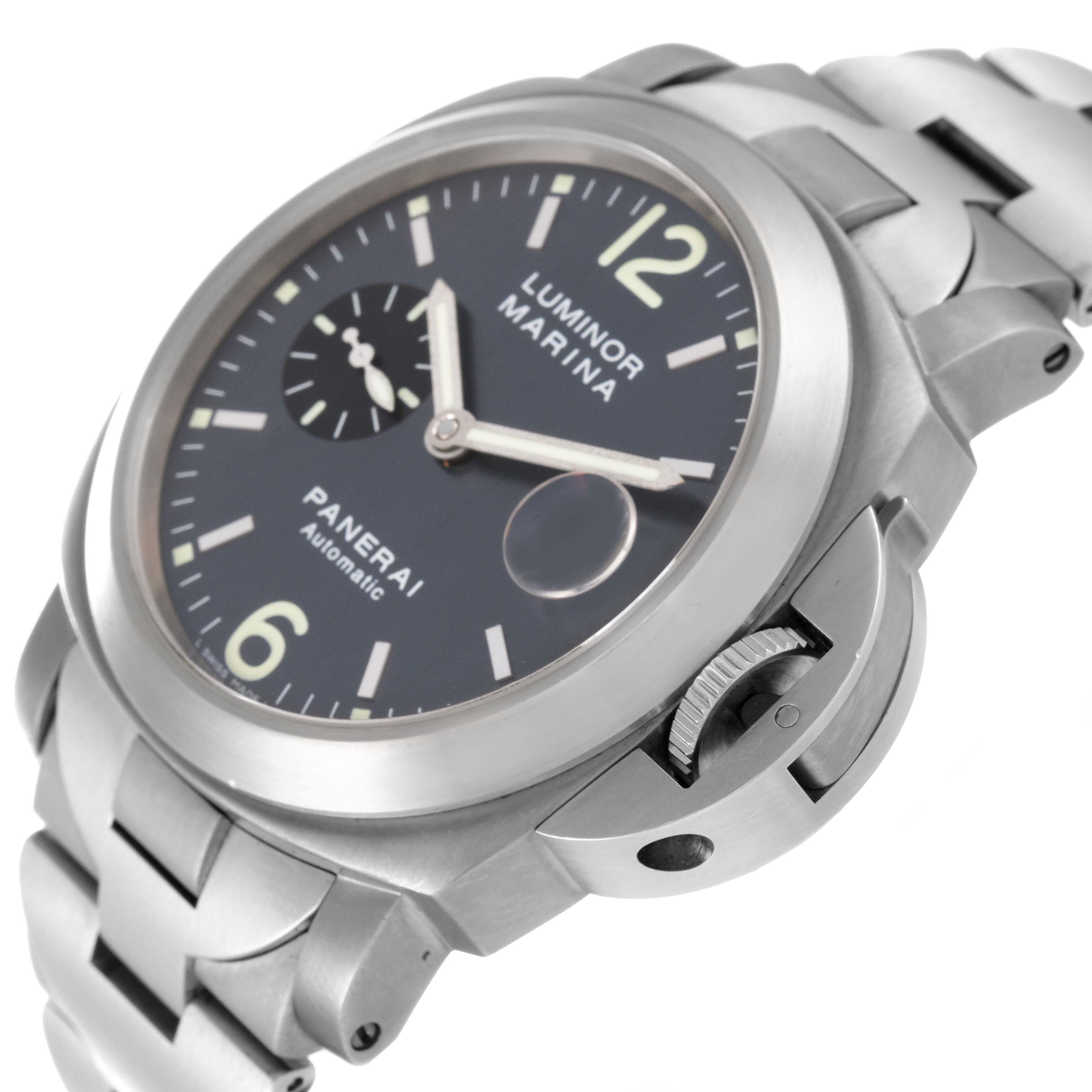 This image shows the Panerai Luminor PAM00091 Men's Titanium Grey Dial PAM00091 Men's Titanium Grey Dial Marina watch at an oblique angle, featuring its face, crown guard, and part of its bracelet.