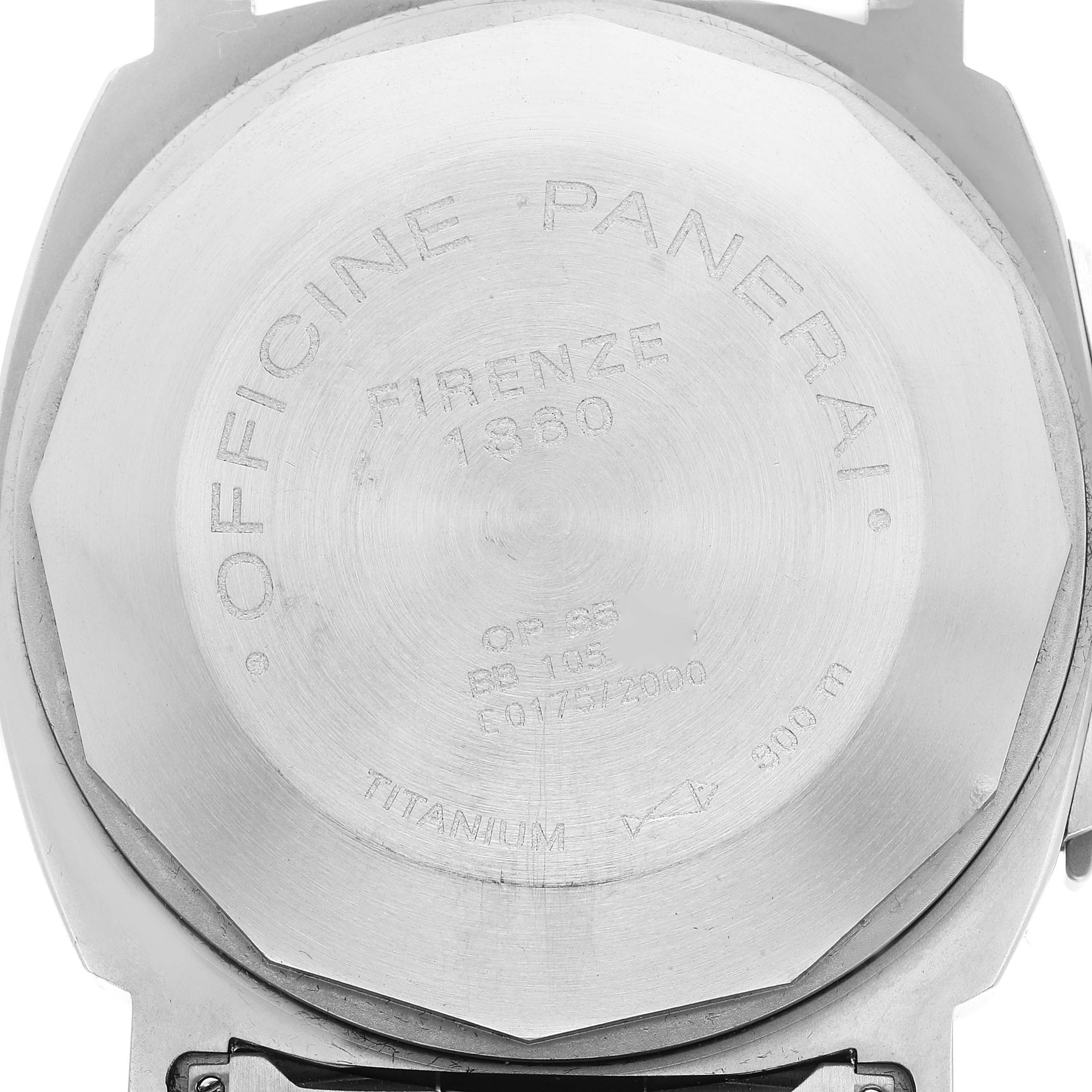 The image shows the back case of a Panerai Luminor PAM00091 Men's Titanium Grey Dial PAM00091 Men's Titanium Grey Dial watch, highlighting engravings and specifications.