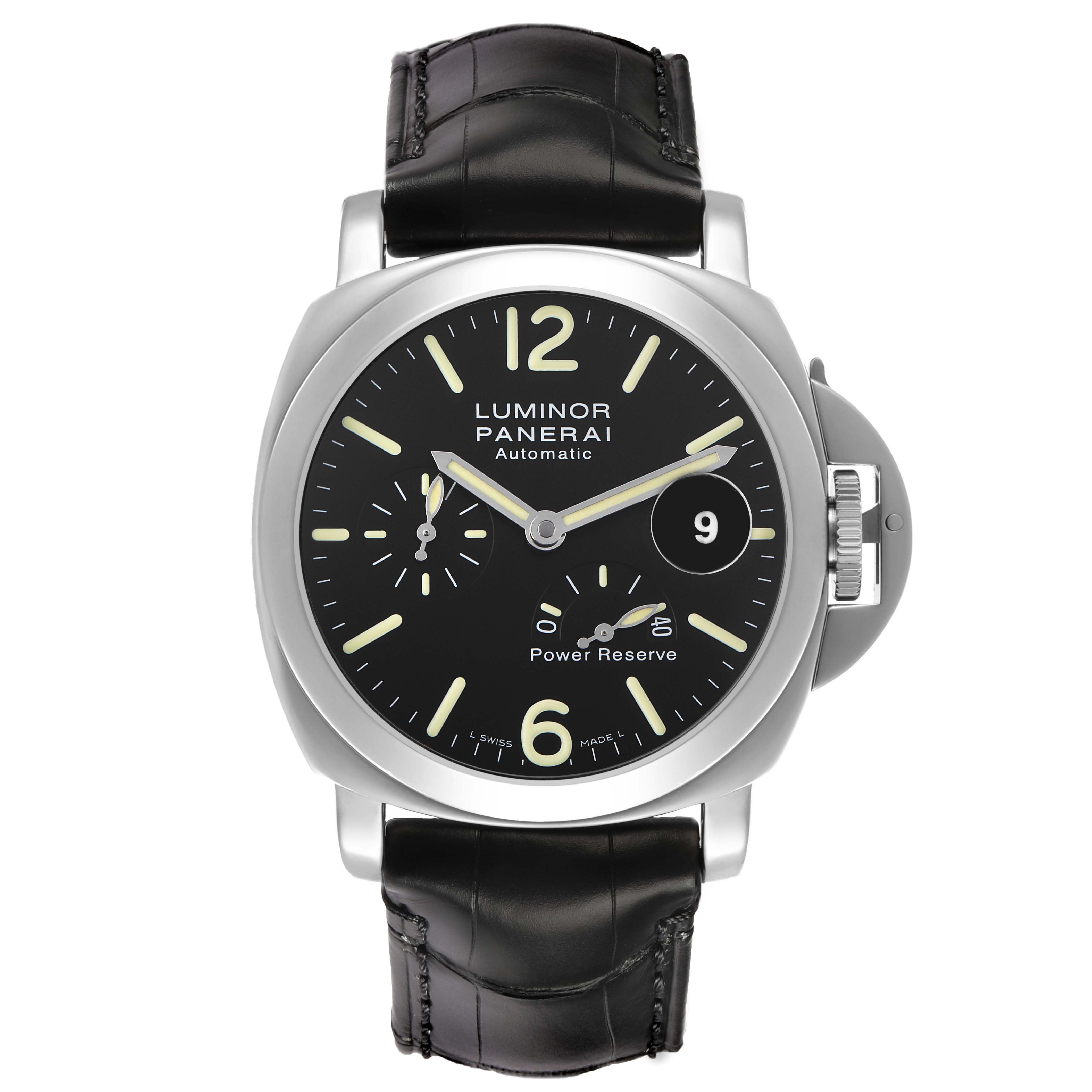 The Panerai Luminor PAM00090 Men's Stainless Steel Black Dial watch is shown from the front, displaying its face, crown guard, leather strap, and various dials.