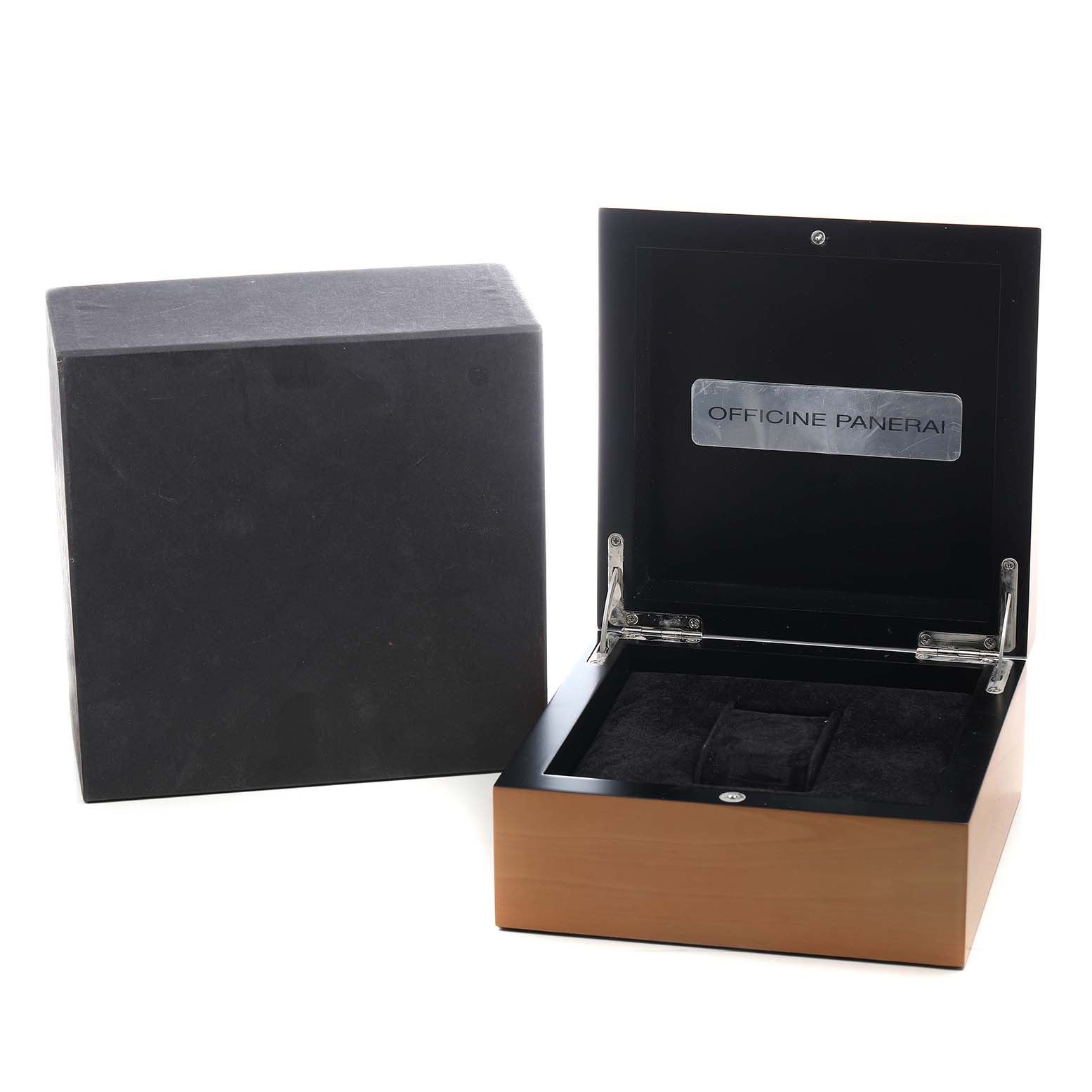 The image shows an open Panerai Luminor PAM00090 Men's Stainless Steel Black Dial watch box with "Officine Panerai" on the inside lid, and the outer cardboard box beside it.