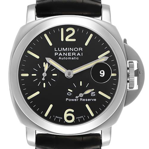 The Panerai Luminor PAM00090 Men's Stainless Steel Black Dial watch is shown from the front, featuring the dial, hands, date, and power reserve indicator.