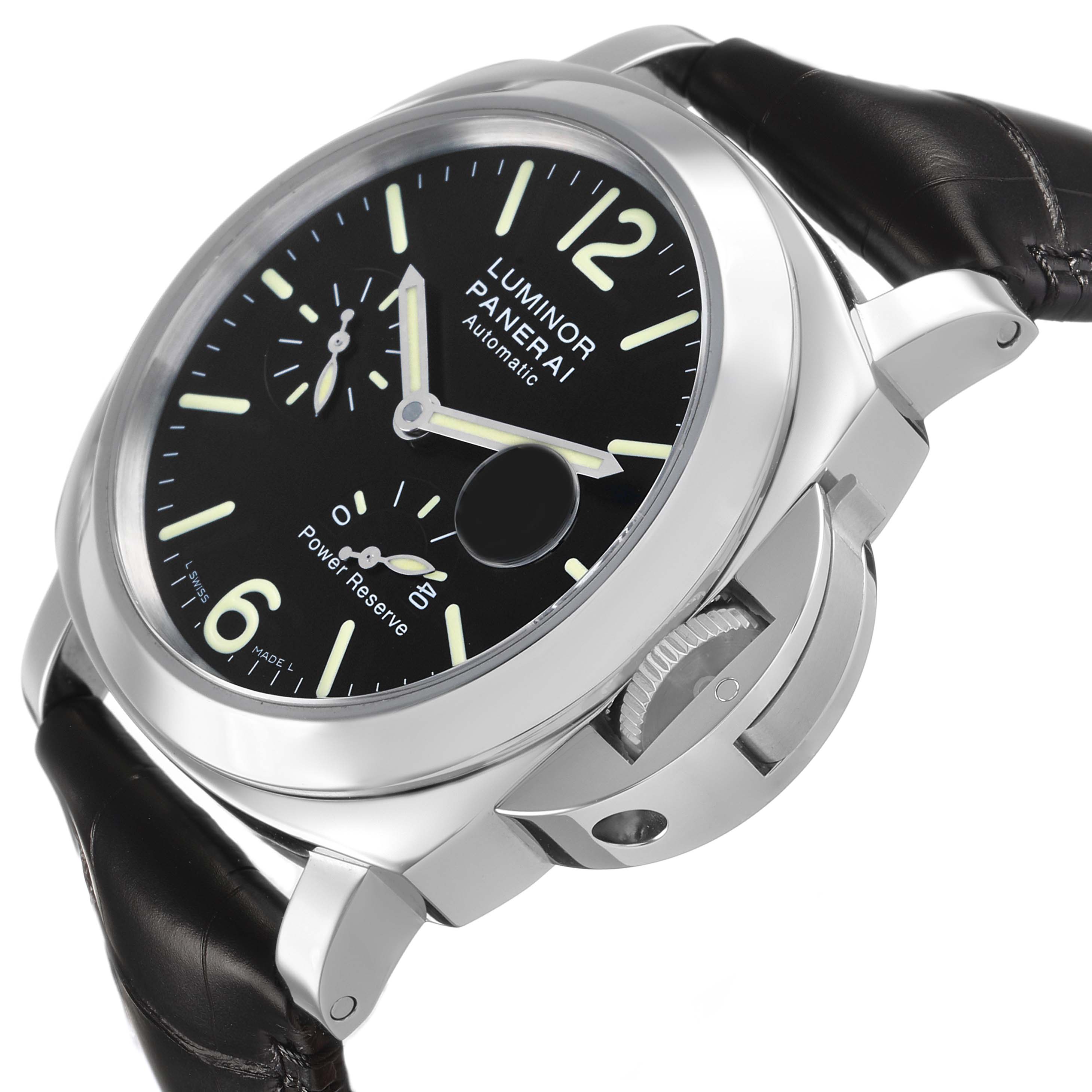 The Panerai Luminor PAM00090 Men's Stainless Steel Black Dial watch is shown from a front-side angle, highlighting its black dial, power reserve indicator, and crown guard.