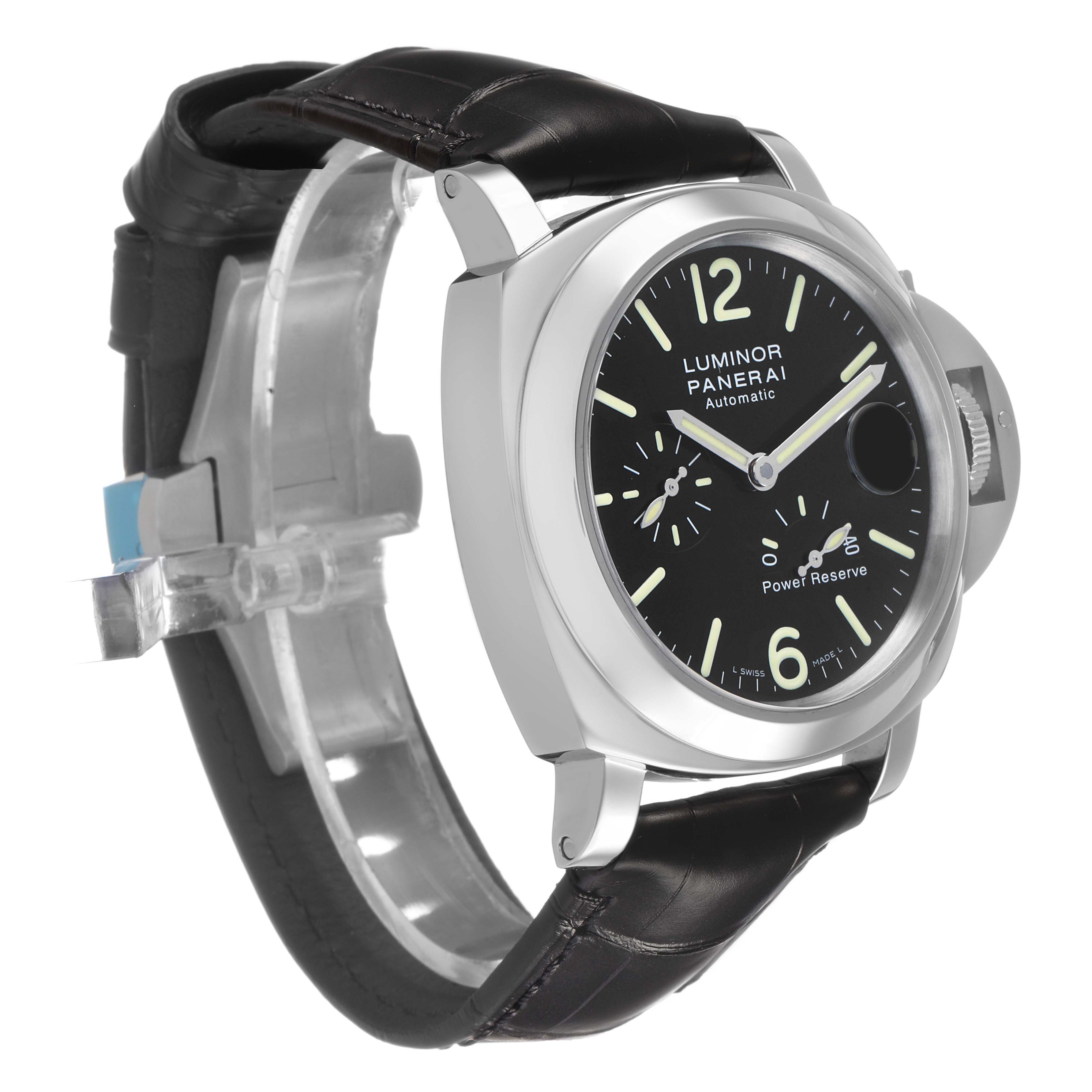 The Panerai Luminor PAM00090 Men's Stainless Steel Black Dial watch is shown at a three-quarter angle, displaying the dial, bezel, crown guard, and strap.