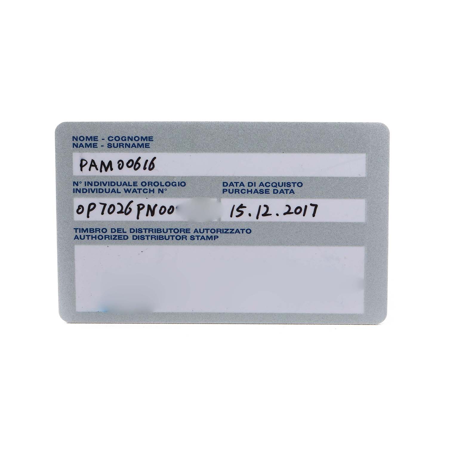 The image shows a warranty card for a Panerai Submersible PAM00616 Men's Ceramic Black Dial PAM00616 watch, displaying model and purchase information.