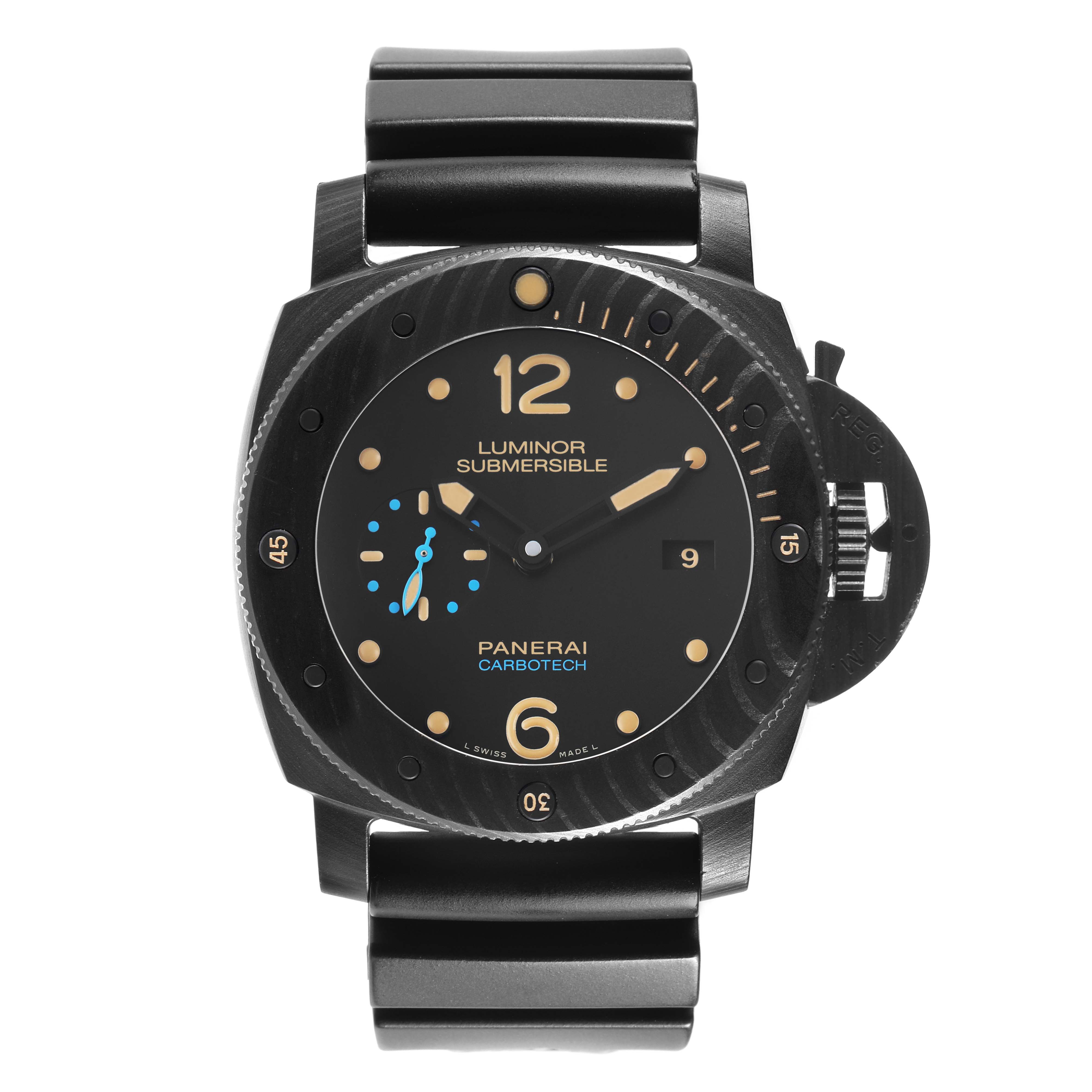 The Panerai Submersible PAM00616 Men's Ceramic Black Dial watch is shown from a front angle, highlighting the dial, bezel, and strap.