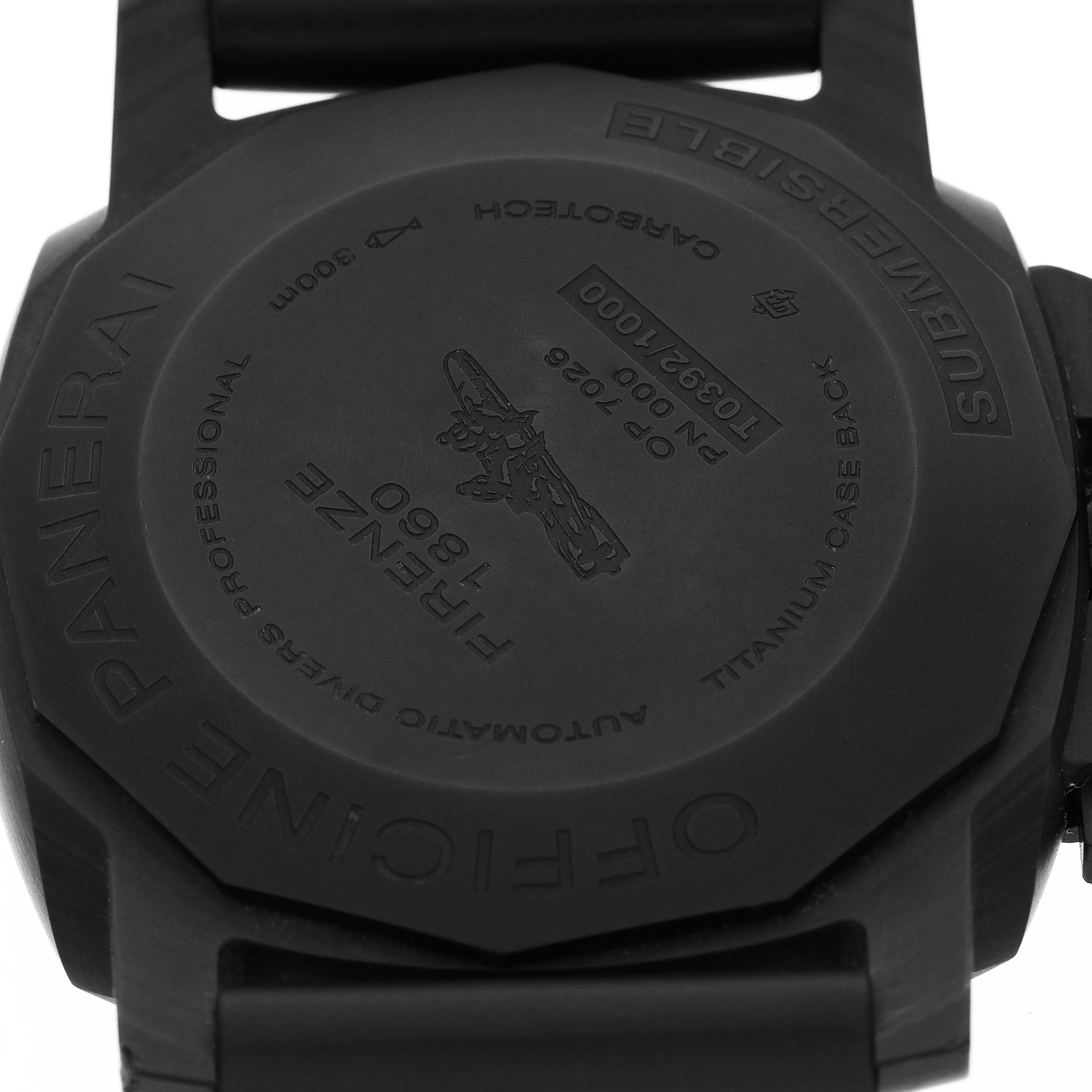 The image shows the back case of a Panerai Submersible PAM00616 Men's Ceramic Black Dial watch with visible engravings.