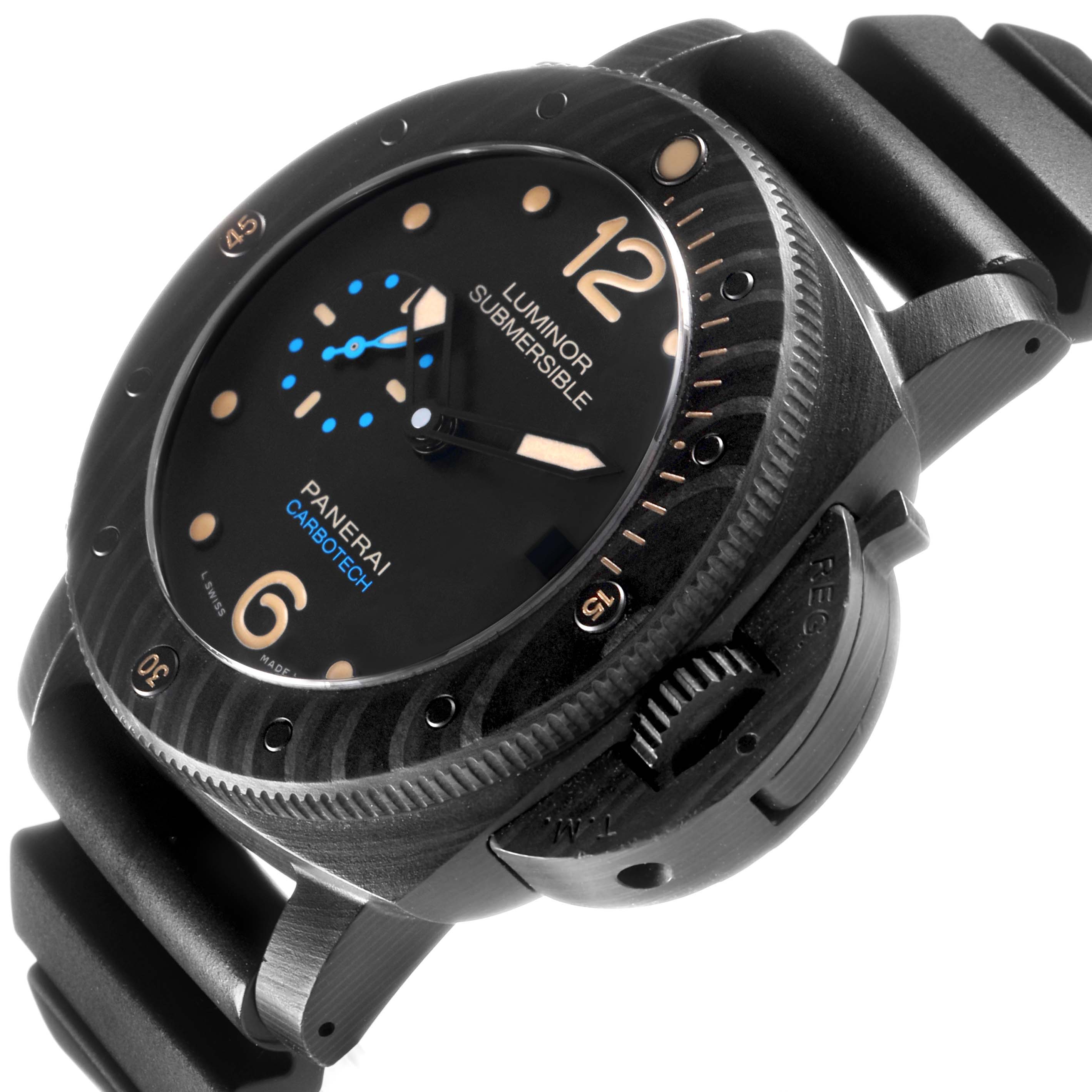 The Panerai Submersible PAM00616 Men's Ceramic Black Dial watch is shown at an angled view, highlighting the bezel, dial, crown guard, and rubber strap.