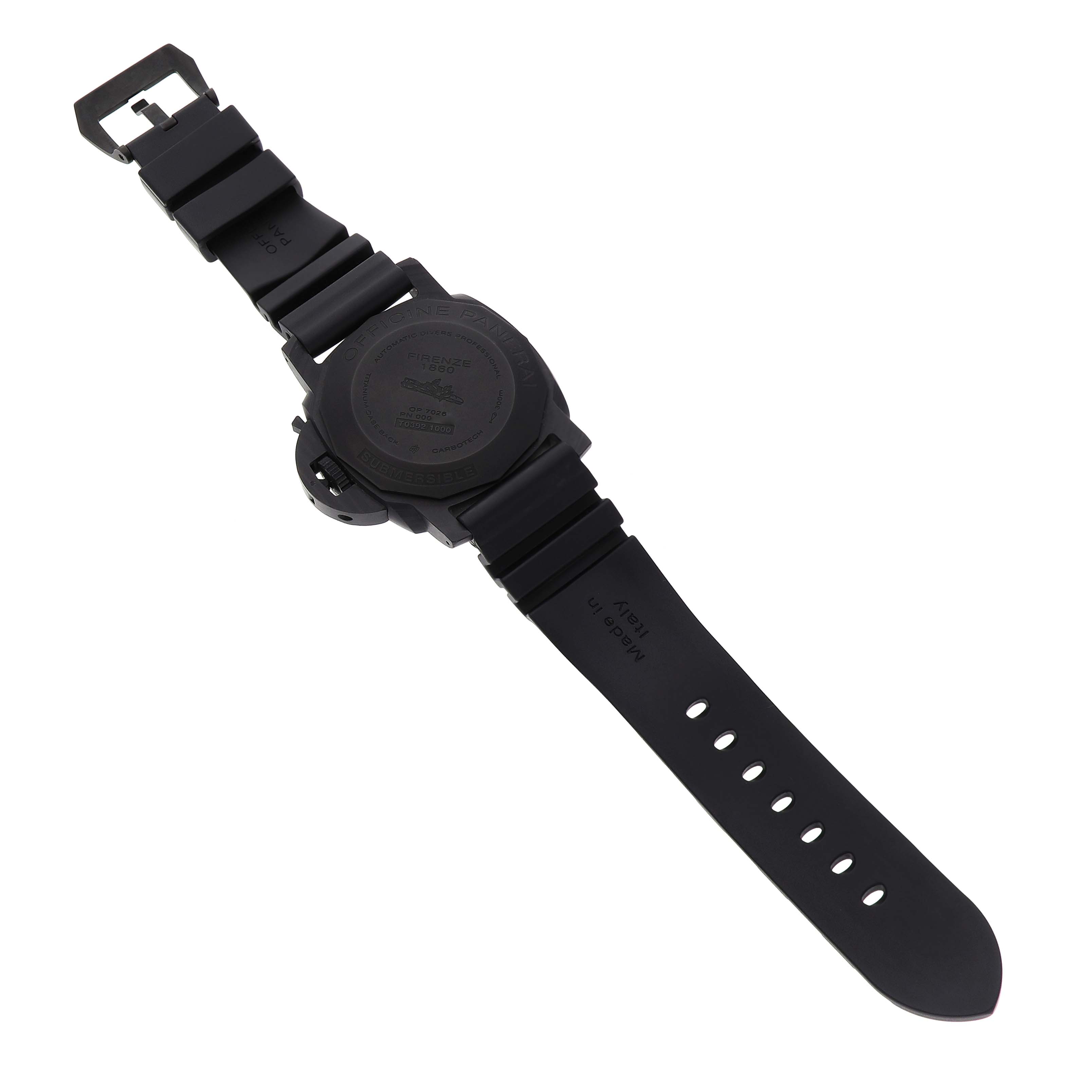 The image shows the back of the Panerai Submersible PAM00616 Men's Ceramic Black Dial watch, featuring its case back, band, and buckle.