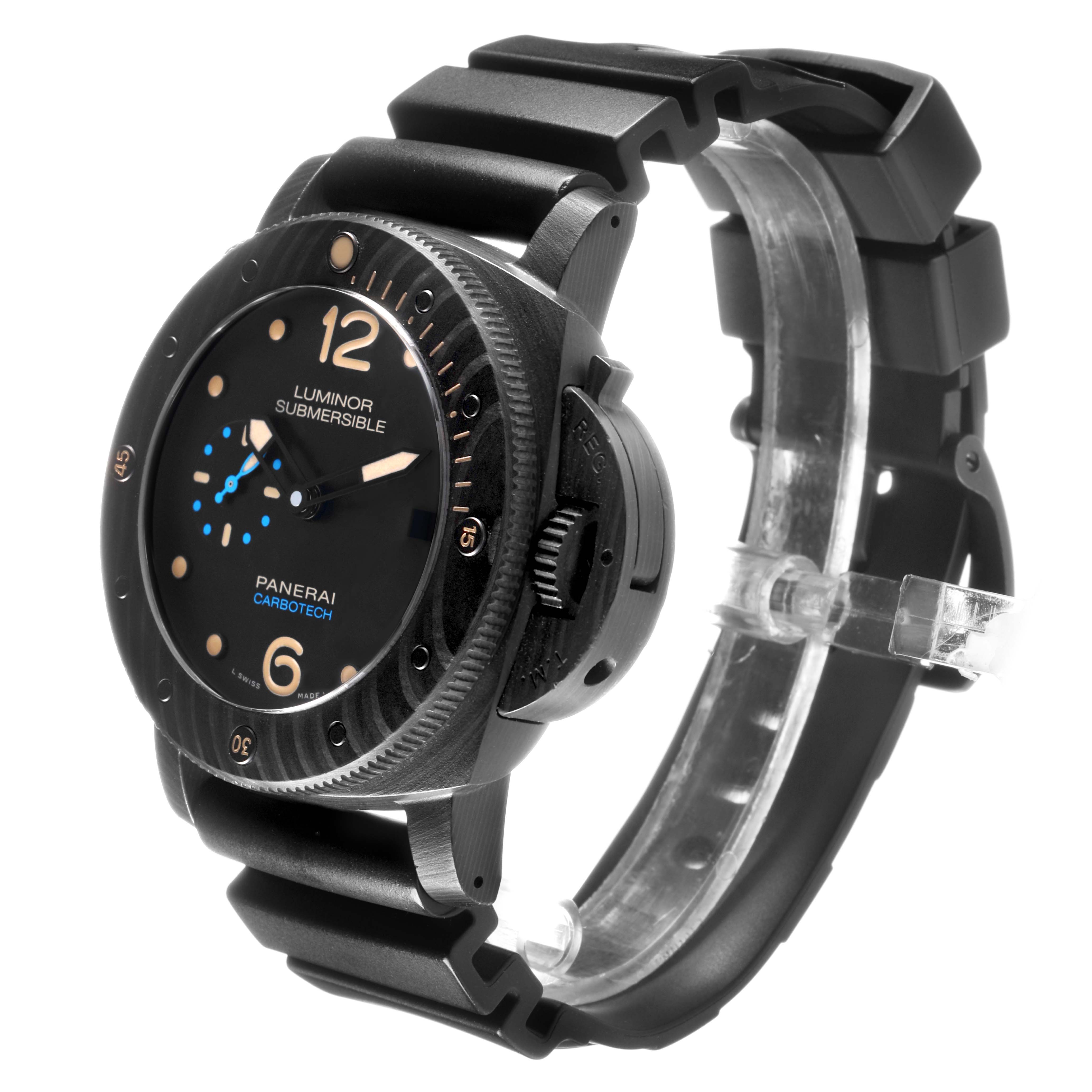 The Panerai Submersible PAM00616 Men's Ceramic Black Dial watch is shown at a three-quarter angle, displaying the face, bezel, and strap.