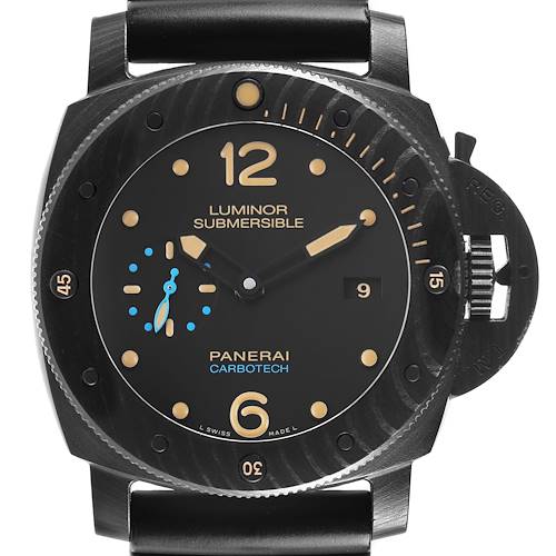 The Panerai Submersible PAM00616 Men's Ceramic Black Dial watch is shown from a front angle, displaying the dial, bezel, crown guard, and strap.