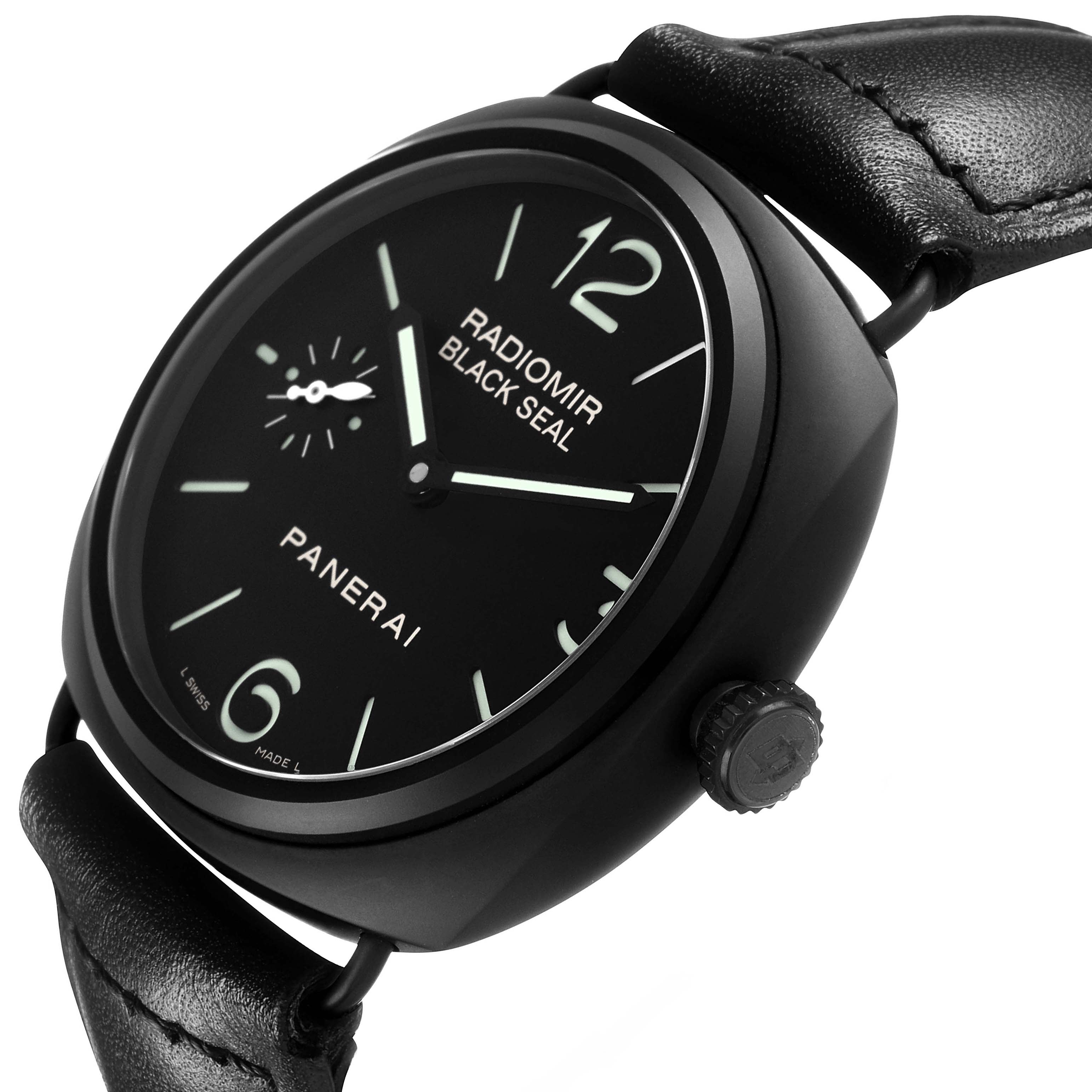 The Panerai Radiomir PAM00292 Men's Ceramic Black Dial watch is shown at a tilted angle highlighting the face, crown, and strap attachment.