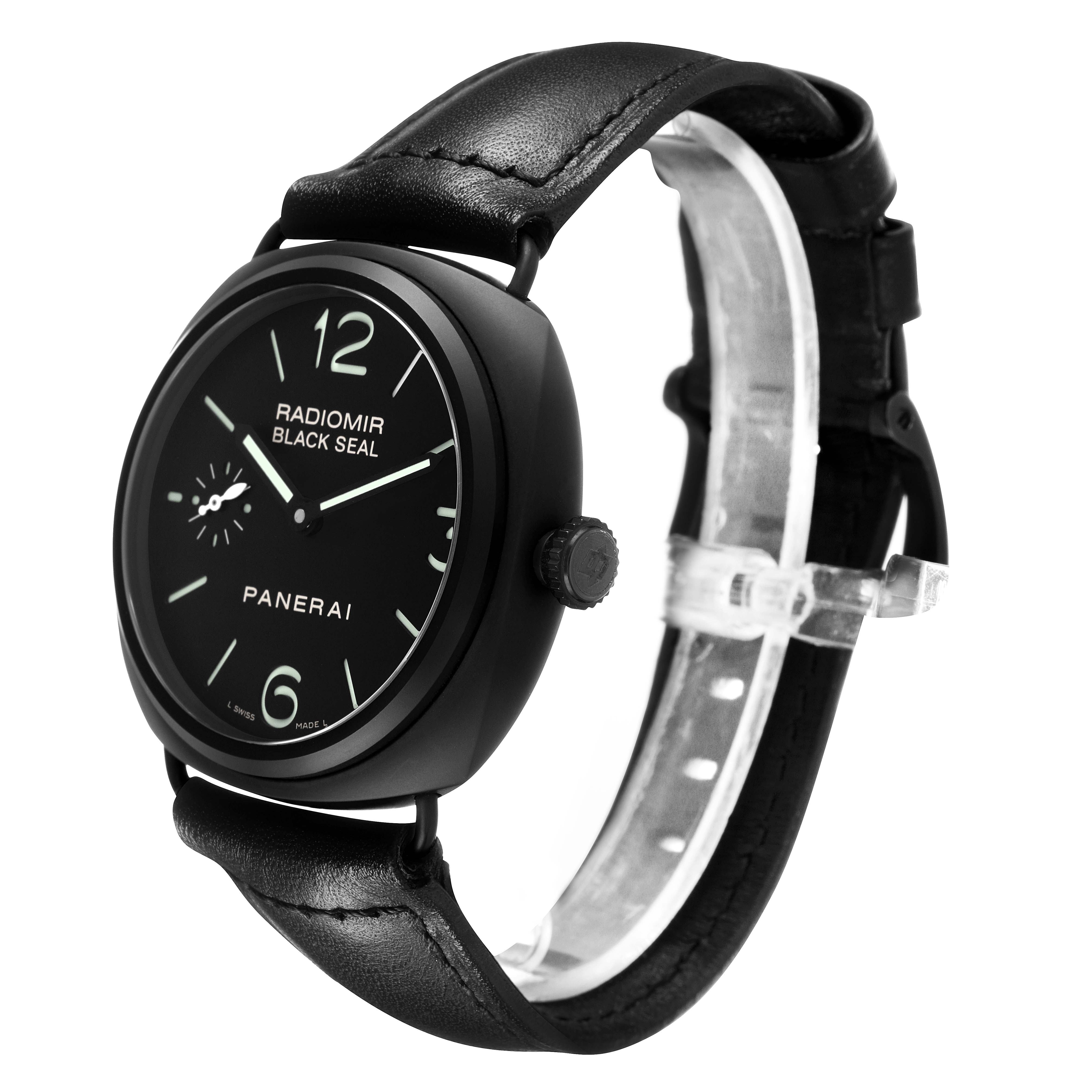 The Panerai Radiomir PAM00292 Men's Ceramic Black Dial watch is shown at a slight side angle, highlighting the dial, crown, and black leather strap.