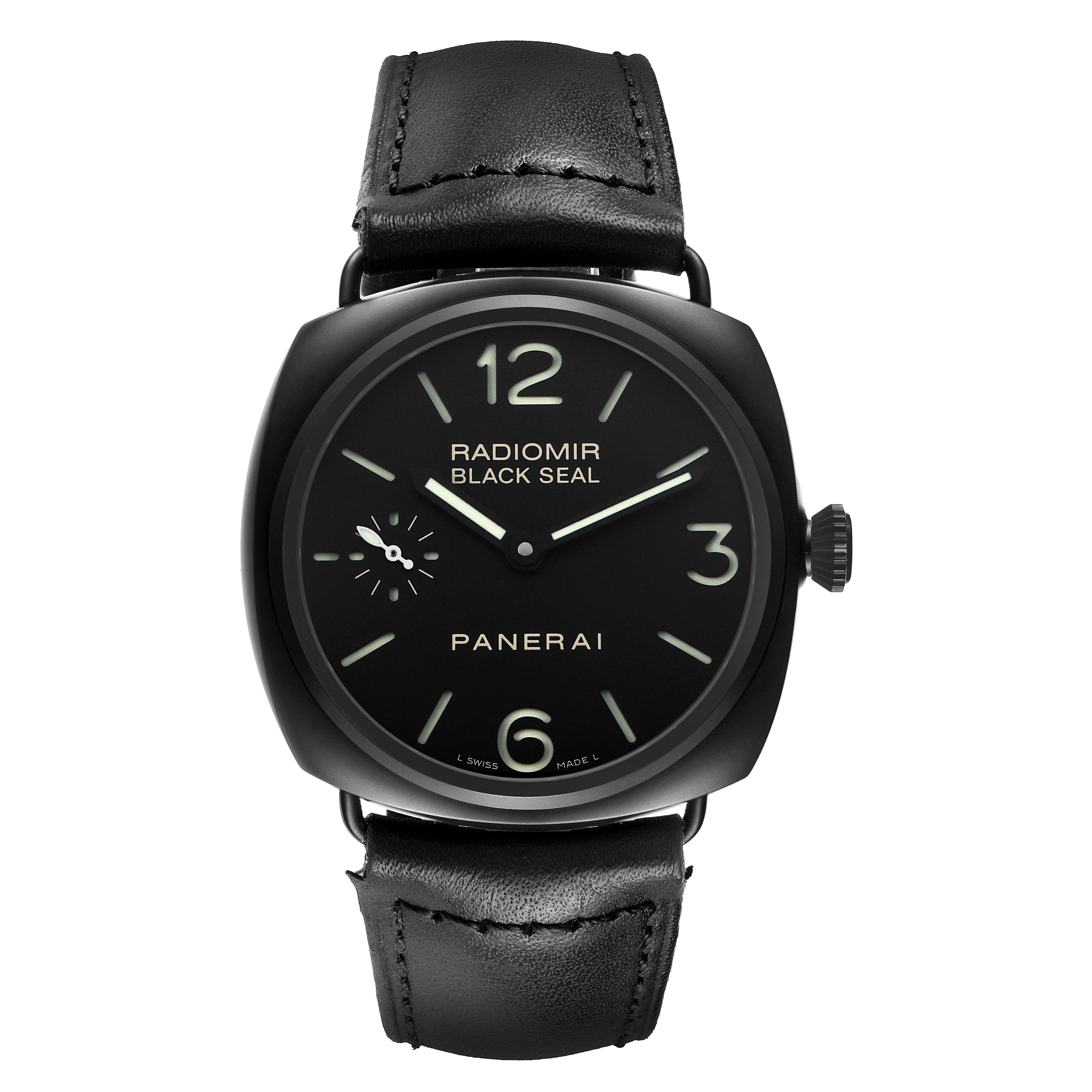 The Panerai Radiomir PAM00292 Men's Ceramic Black Dial watch is shown from a front view, highlighting its black dial, markers, and leather strap.
