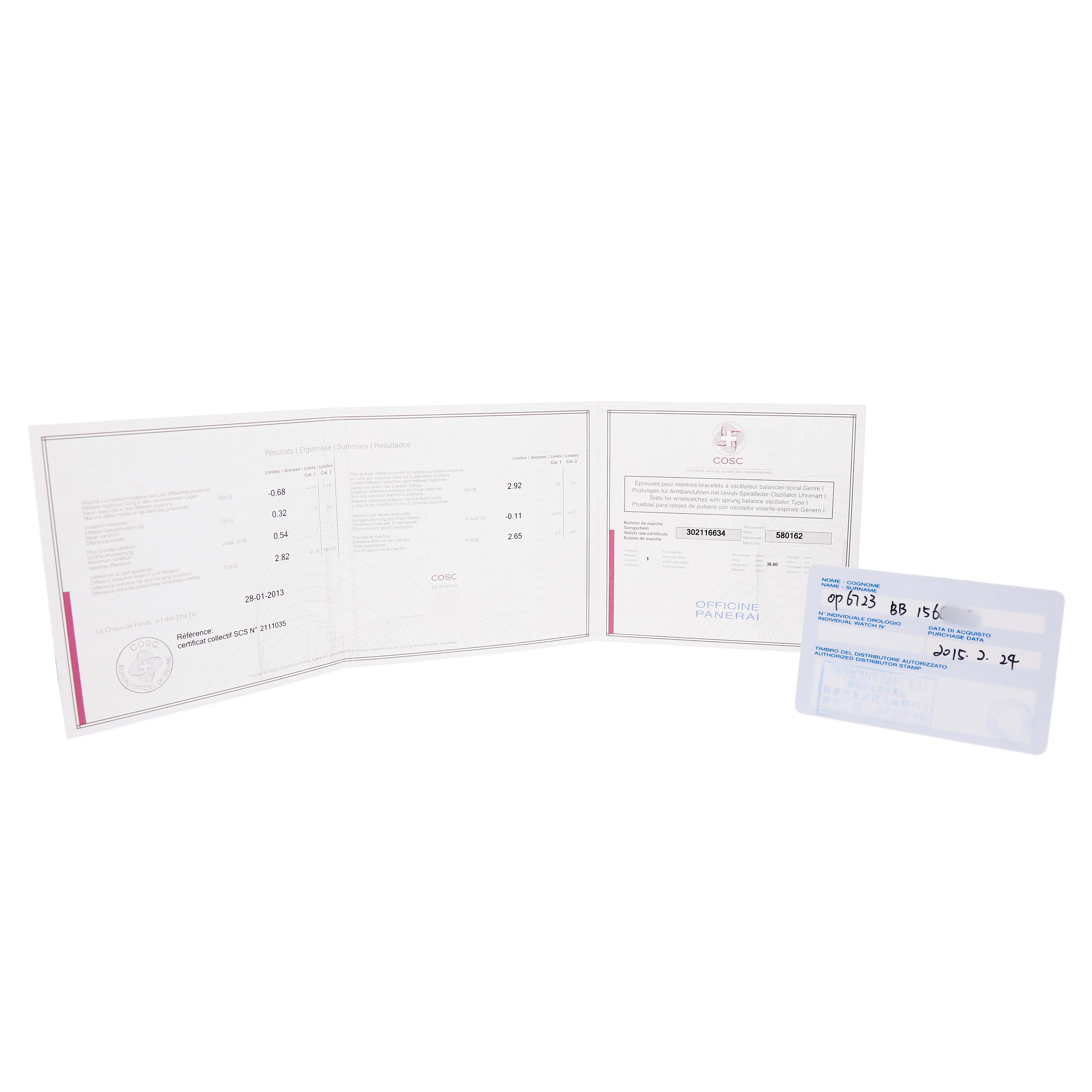 This image shows documentation and a card for a Panerai Radiomir PAM00292 Men's Ceramic Black Dial watch, laid flat and viewed from above.