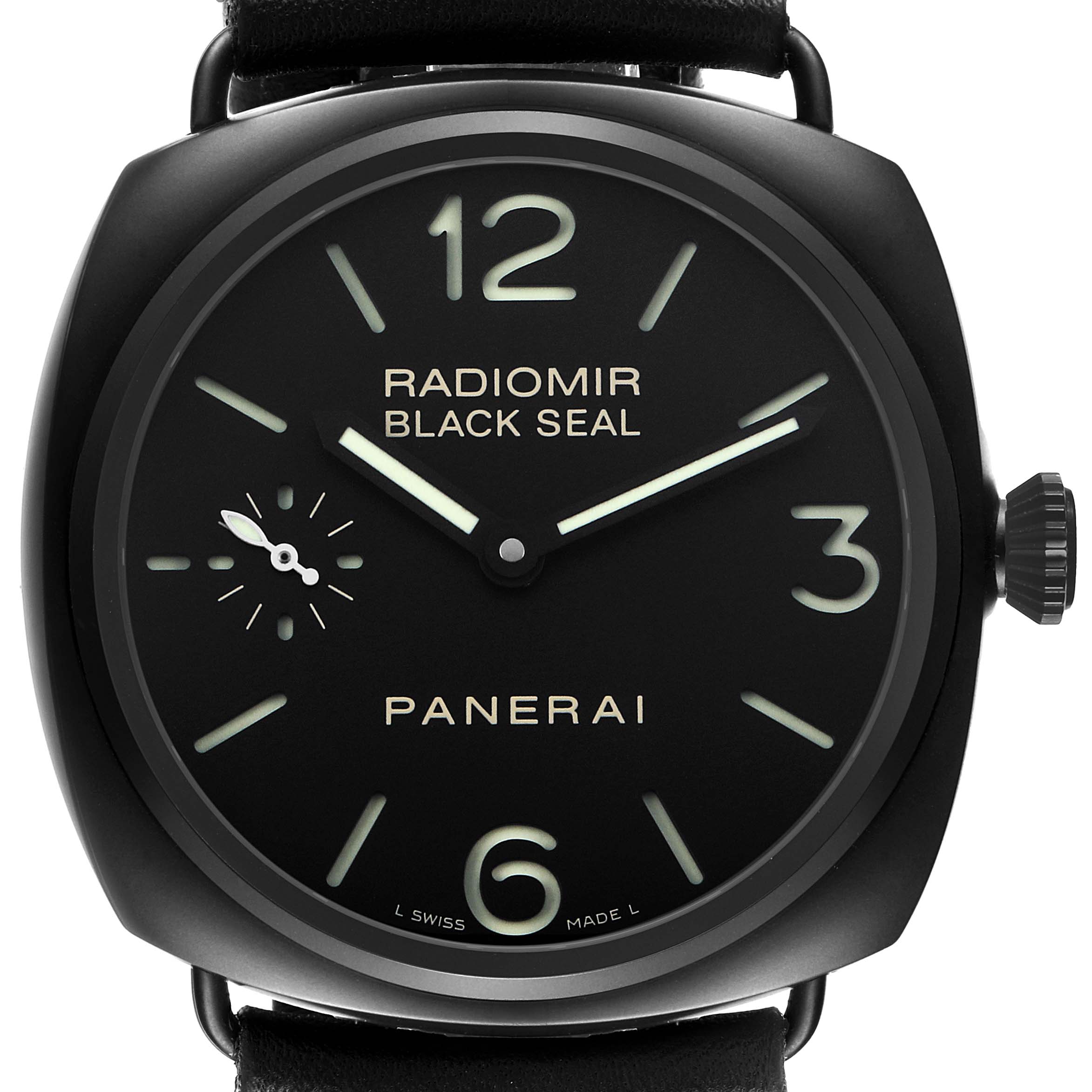 The image shows a front view of a Panerai Radiomir PAM00292 Men's Ceramic Black Dial watch, highlighting the dial, hands, crown, and strap attachment.