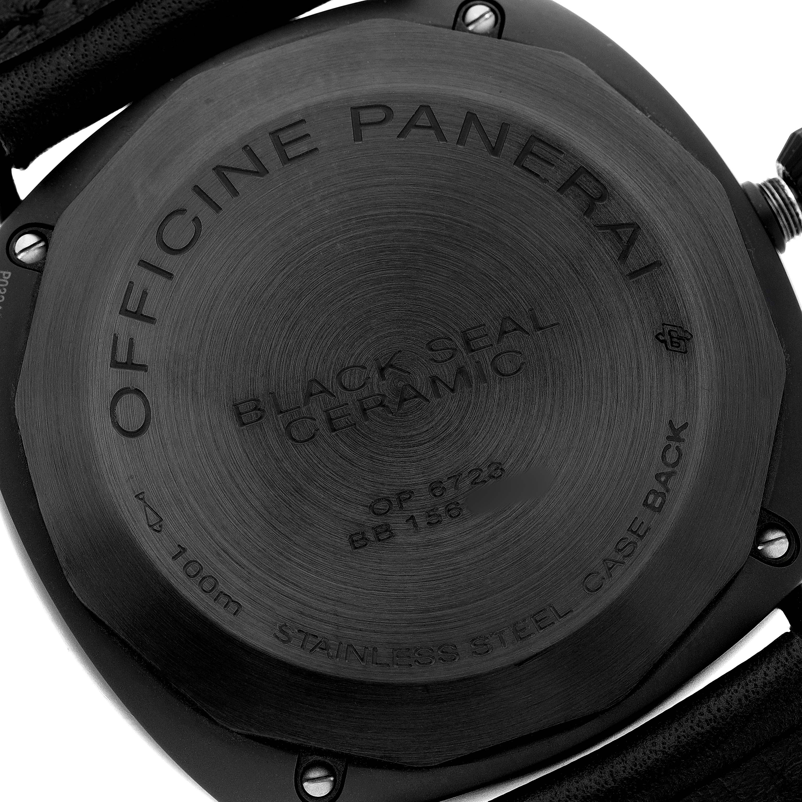 The image shows the back of the Panerai Radiomir PAM00292 Men's Ceramic Black Dial watch, highlighting its case back details.