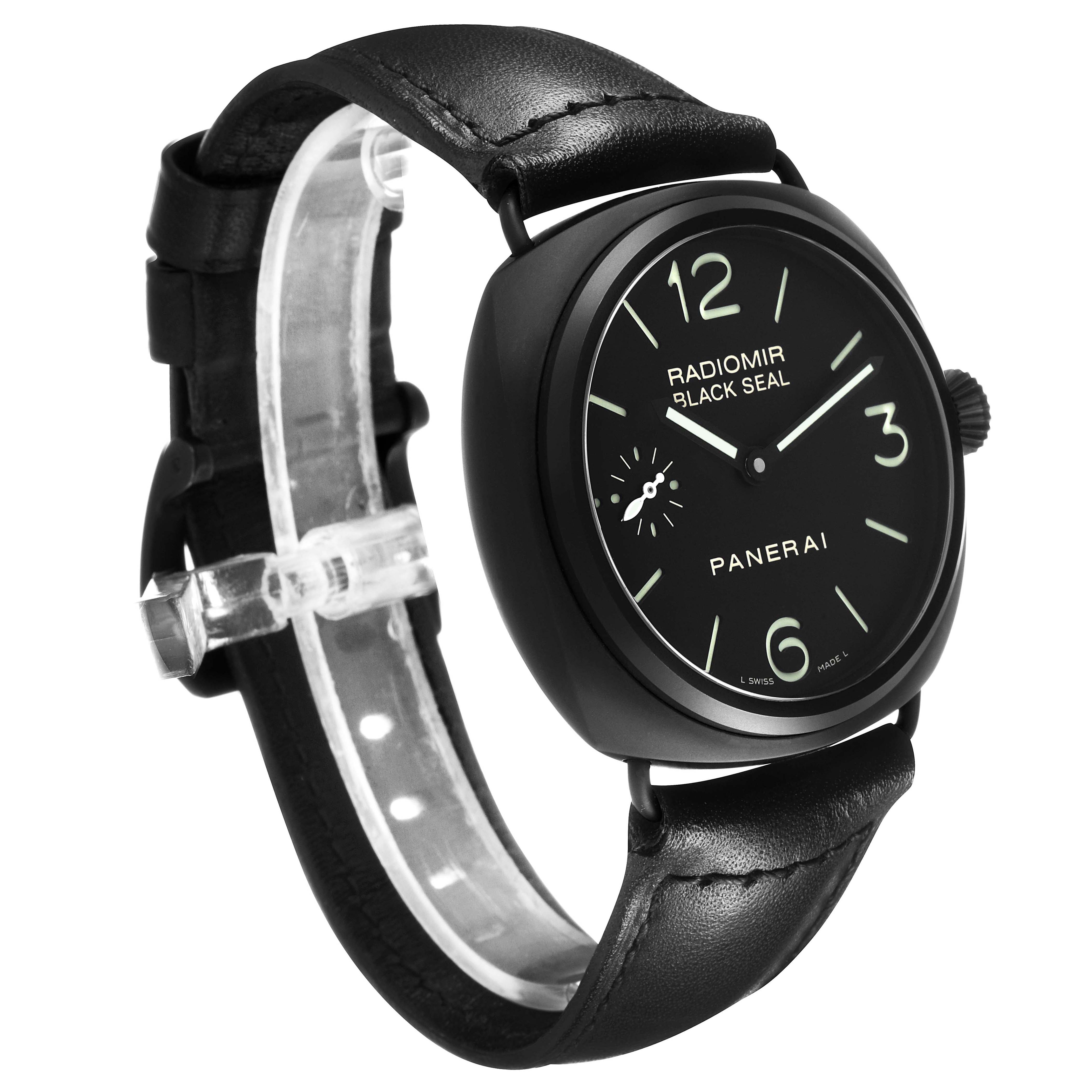 The Panerai Radiomir PAM00292 Men's Ceramic Black Dial watch is shown at a three-quarter angle, displaying the face, bezel, crown, and leather strap.
