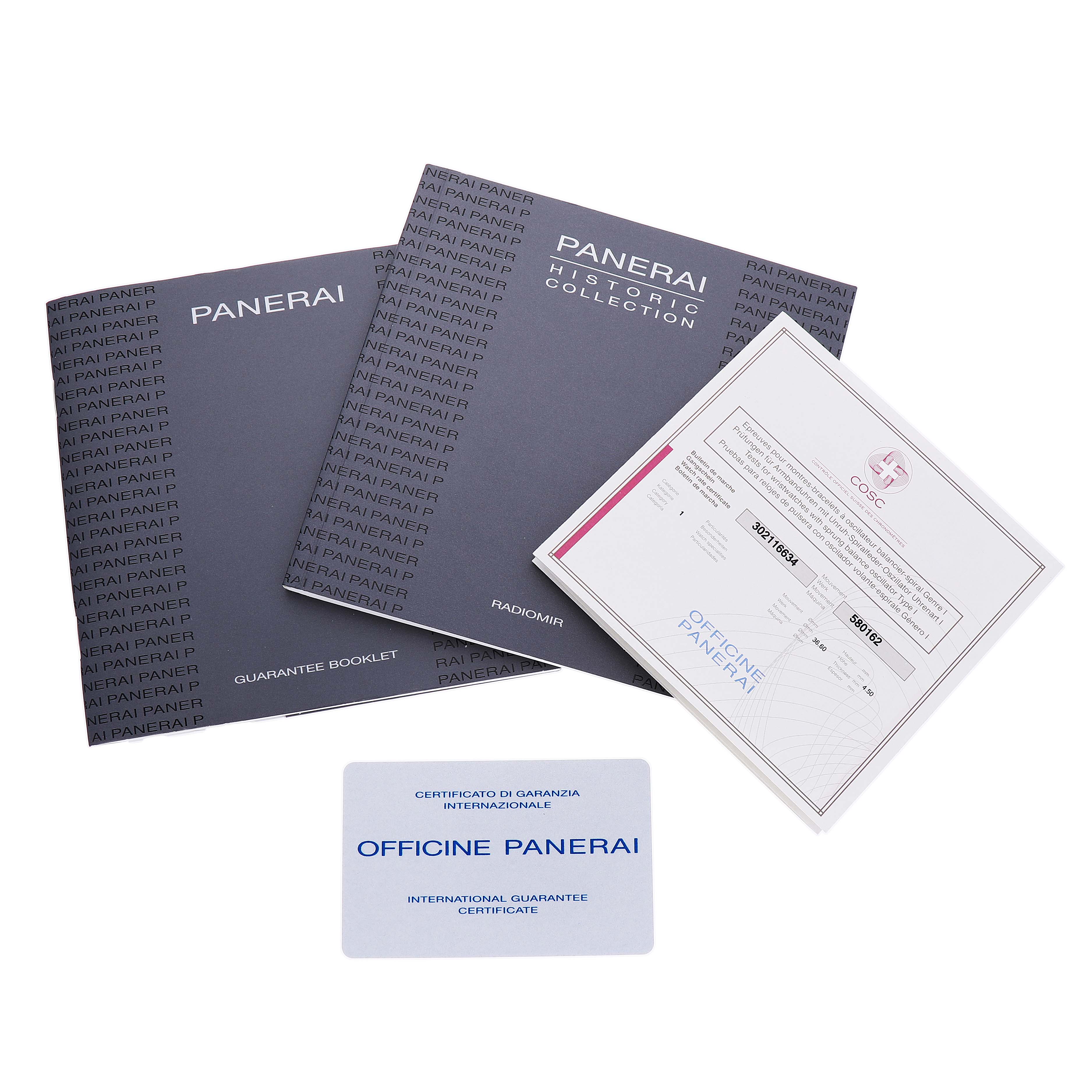 The image shows various documents for a Panerai Radiomir PAM00292 Men's Ceramic Black Dial watch, including booklets and a guarantee certificate.