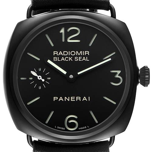 The Panerai Radiomir PAM00292 Men's Ceramic Black Dial watch is shown from the front, displaying its face, numerals, and crown.
