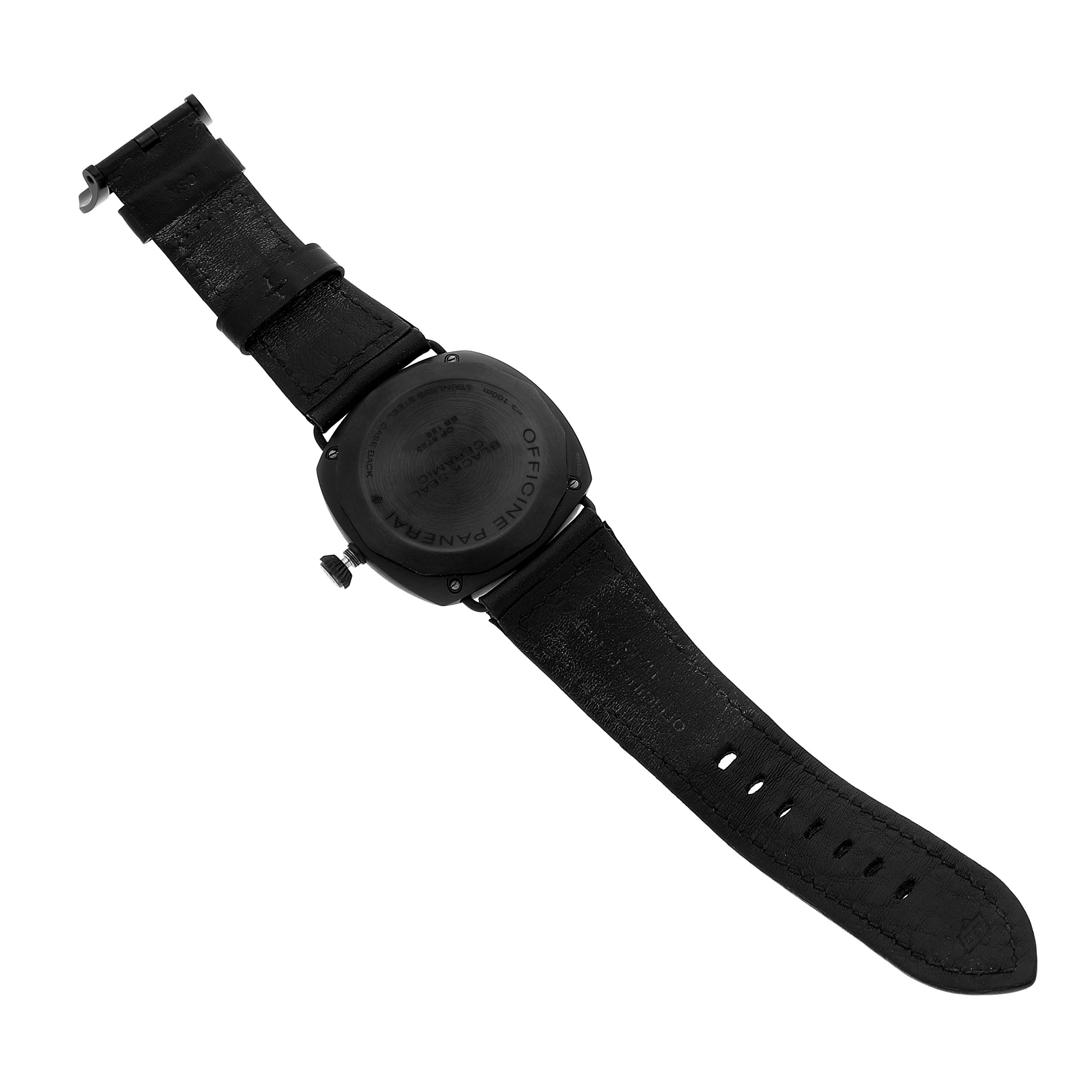 The Panerai Radiomir PAM00292 Men's Ceramic Black Dial watch is shown from the back, highlighting the case back and partially opened leather strap.