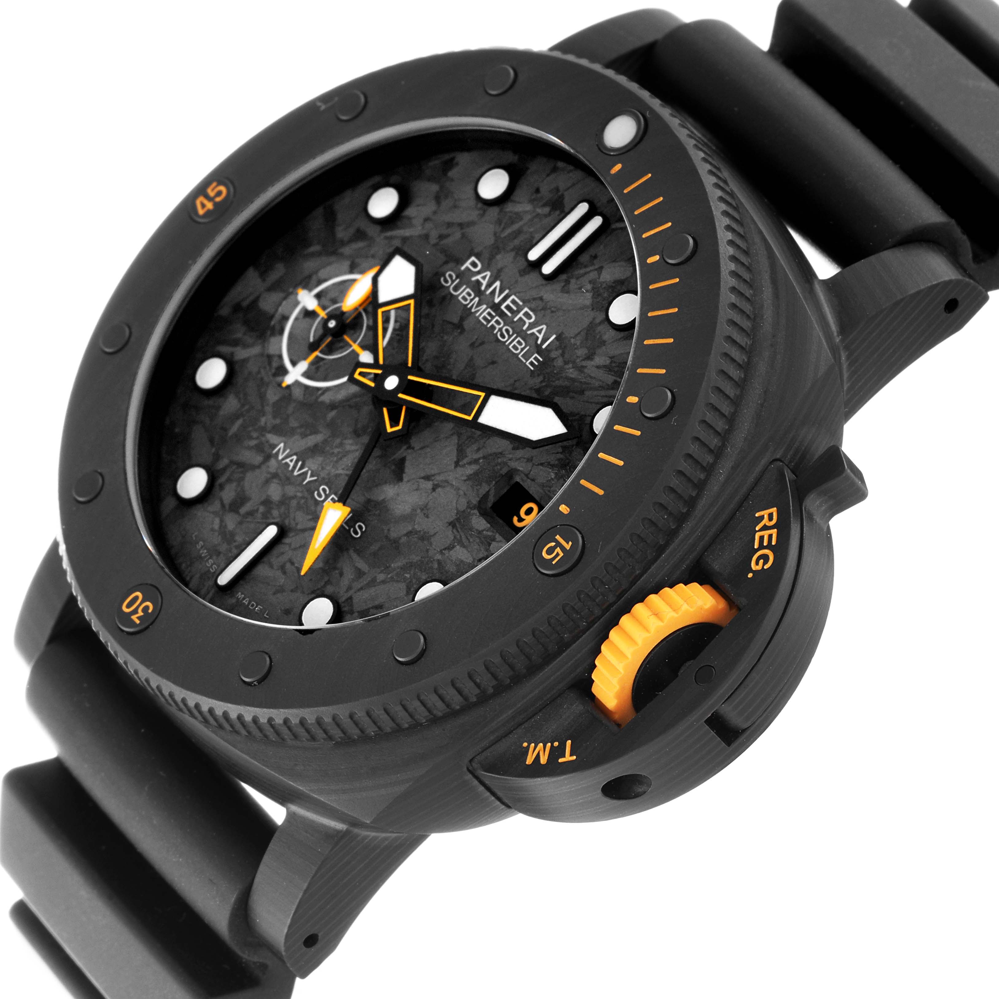 The image shows a side-angle view of the Panerai Submersible PAM01324 Men's Ceramic Grey Dial PAM01324 Men's Ceramic Grey Dial's watch face, bezel, crown, and bracelet.