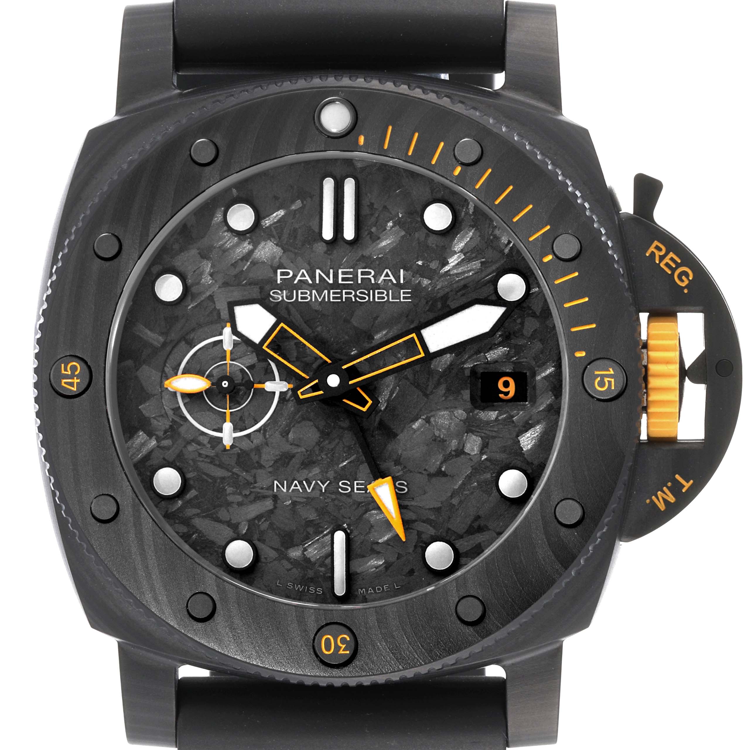 The image shows a frontal view of a Panerai Submersible PAM01324 Men's Ceramic Grey Dial PAM01324 Men's Ceramic Grey Dial watch, highlighting the dial, bezel, and crown guard.