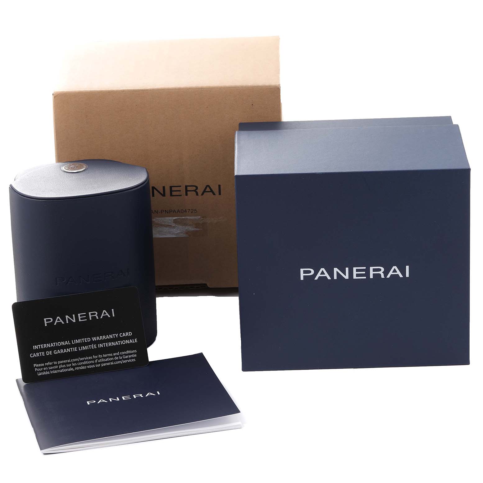 The image shows the packaging and accessories for a Panerai Submersible PAM01324 Men's Ceramic Grey Dial PAM01324 Men's Ceramic Grey Dial watch, including boxes, a warranty card, and a booklet.