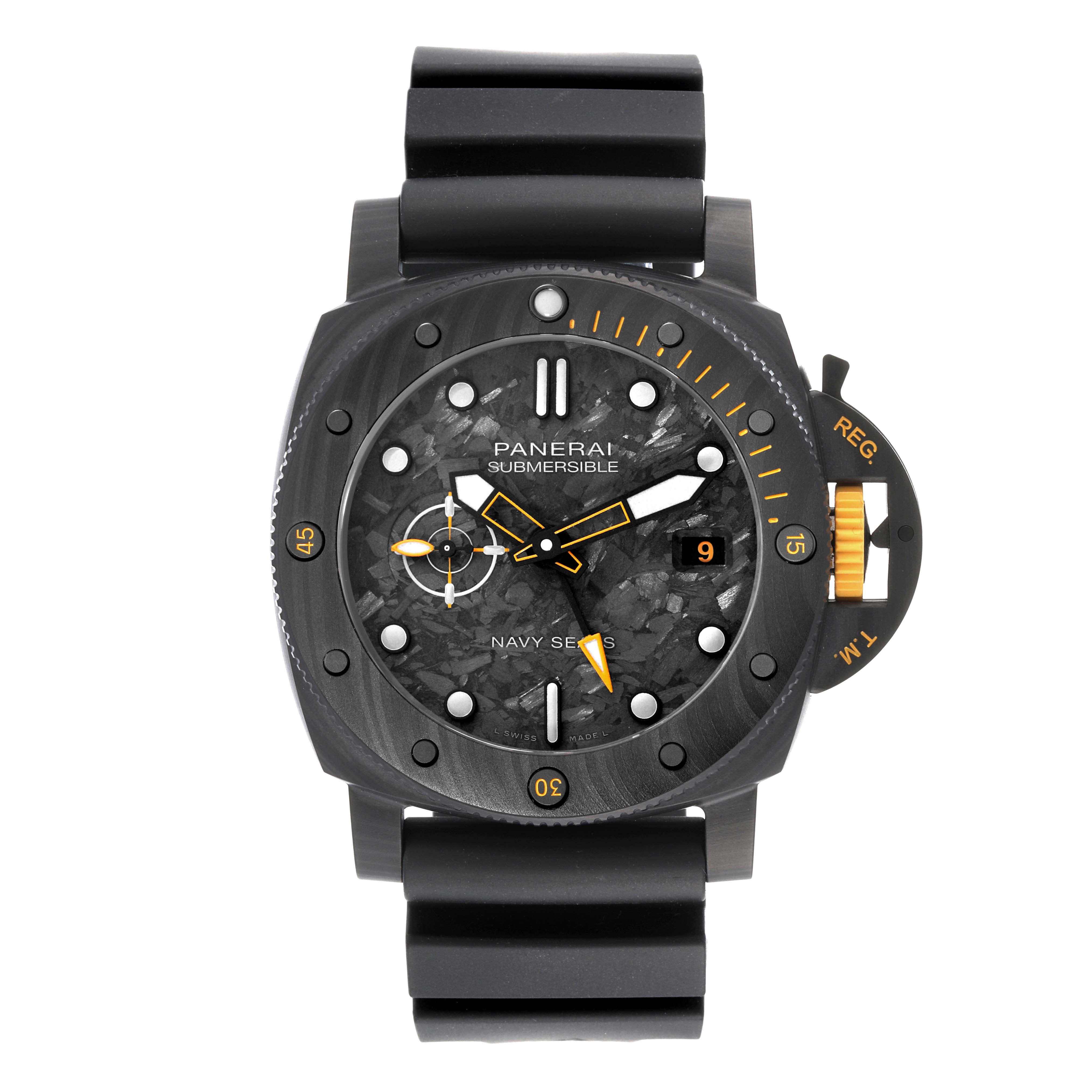 The image shows a front view of the Panerai Submersible PAM01324 Men's Ceramic Grey Dial PAM01324 Men's Ceramic Grey Dial model watch, including the dial, bezel, and strap.