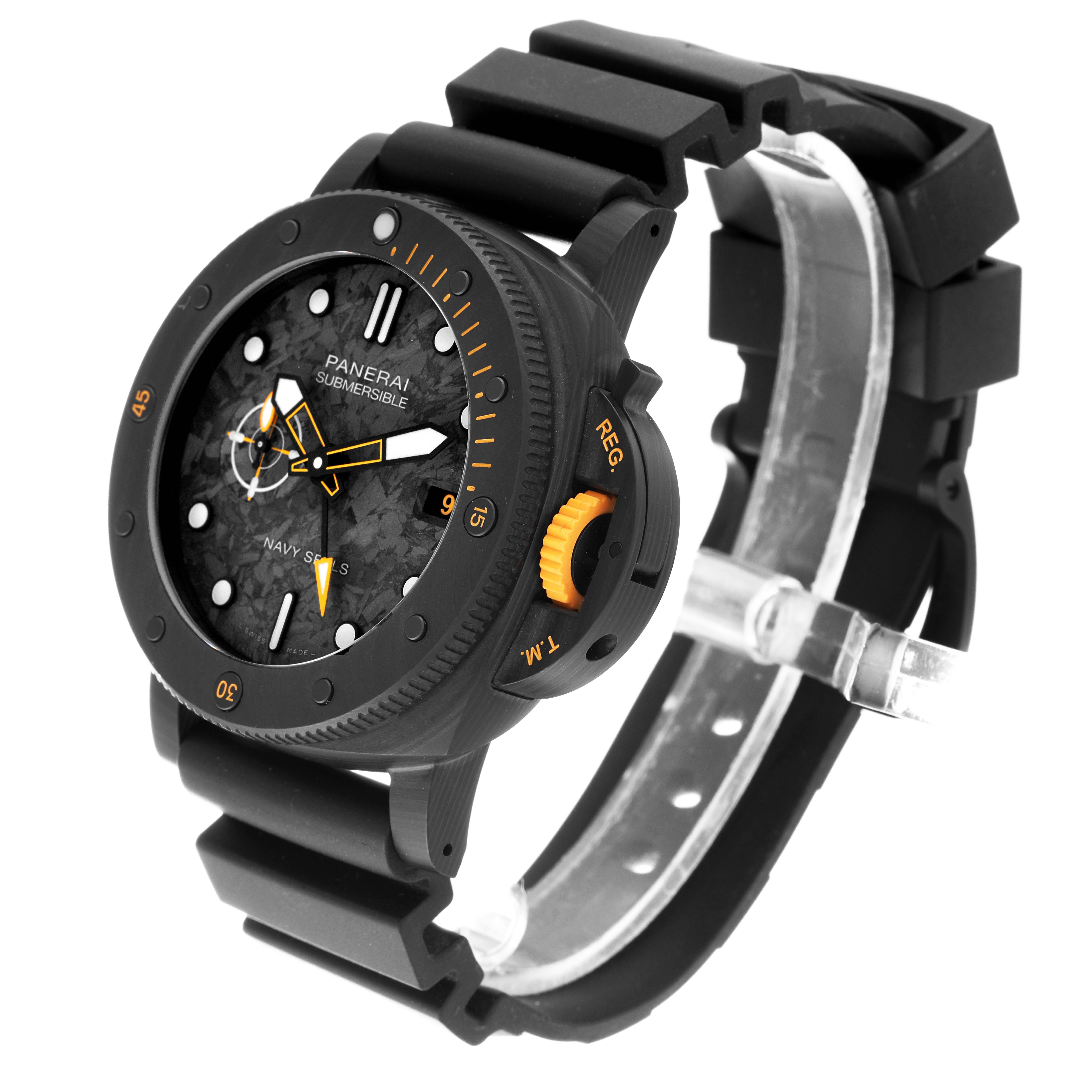 The image shows a side angle view of the Panerai Submersible PAM01324 Men's Ceramic Grey Dial PAM01324 Men's Ceramic Grey Dial watch, displaying the face, bezel, crown, and strap.