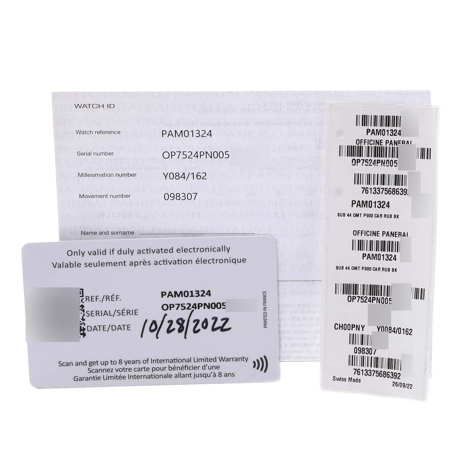 The image shows the authentication and warranty documents for the Panerai Submersible PAM01324 Men's Ceramic Grey Dial PAM01324 Men's Ceramic Grey Dial model PAM01324.