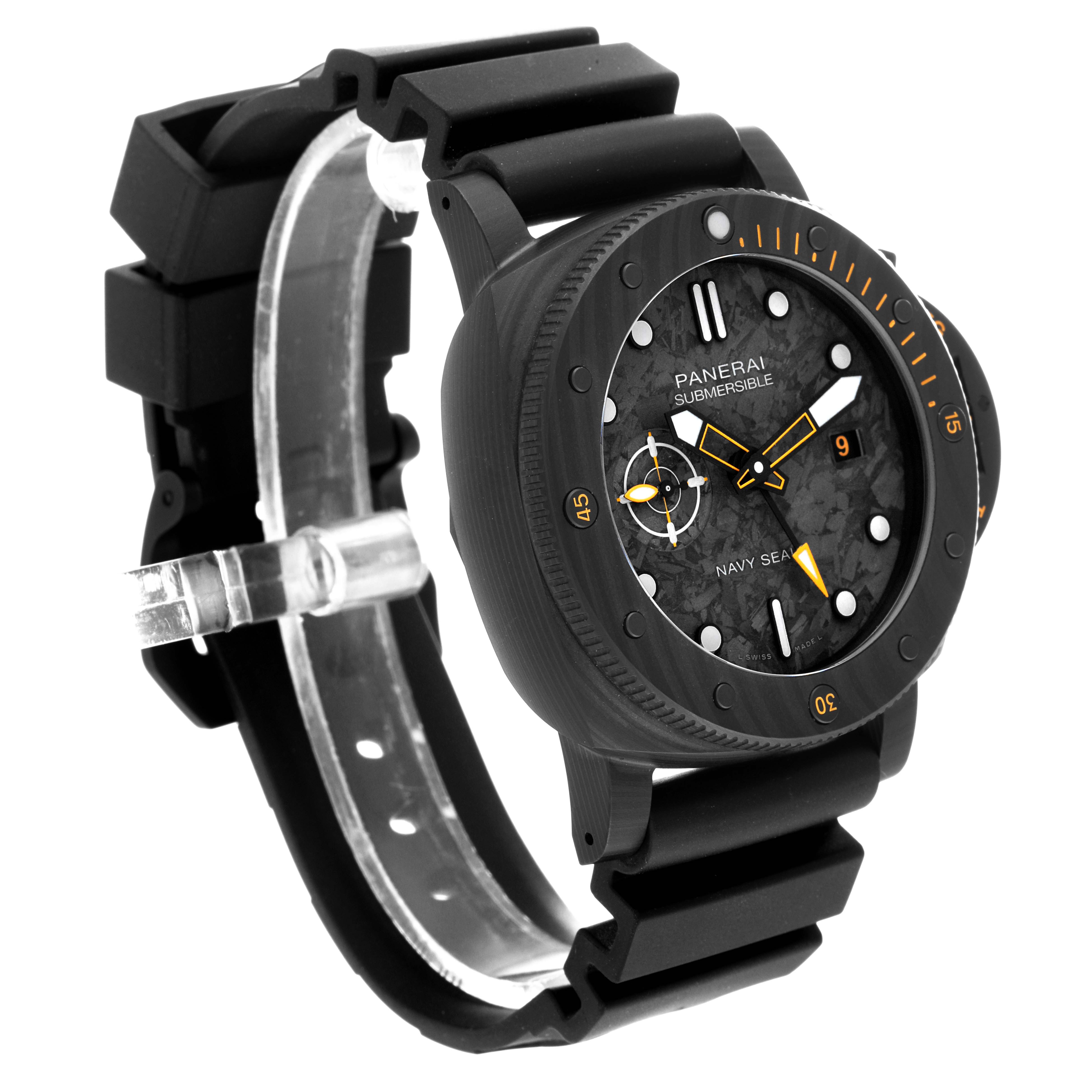 The image shows a Panerai Submersible PAM01324 Men's Ceramic Grey Dial PAM01324 Men's Ceramic Grey Dial watch from a front angle, highlighting its dial, bezel, and strap.