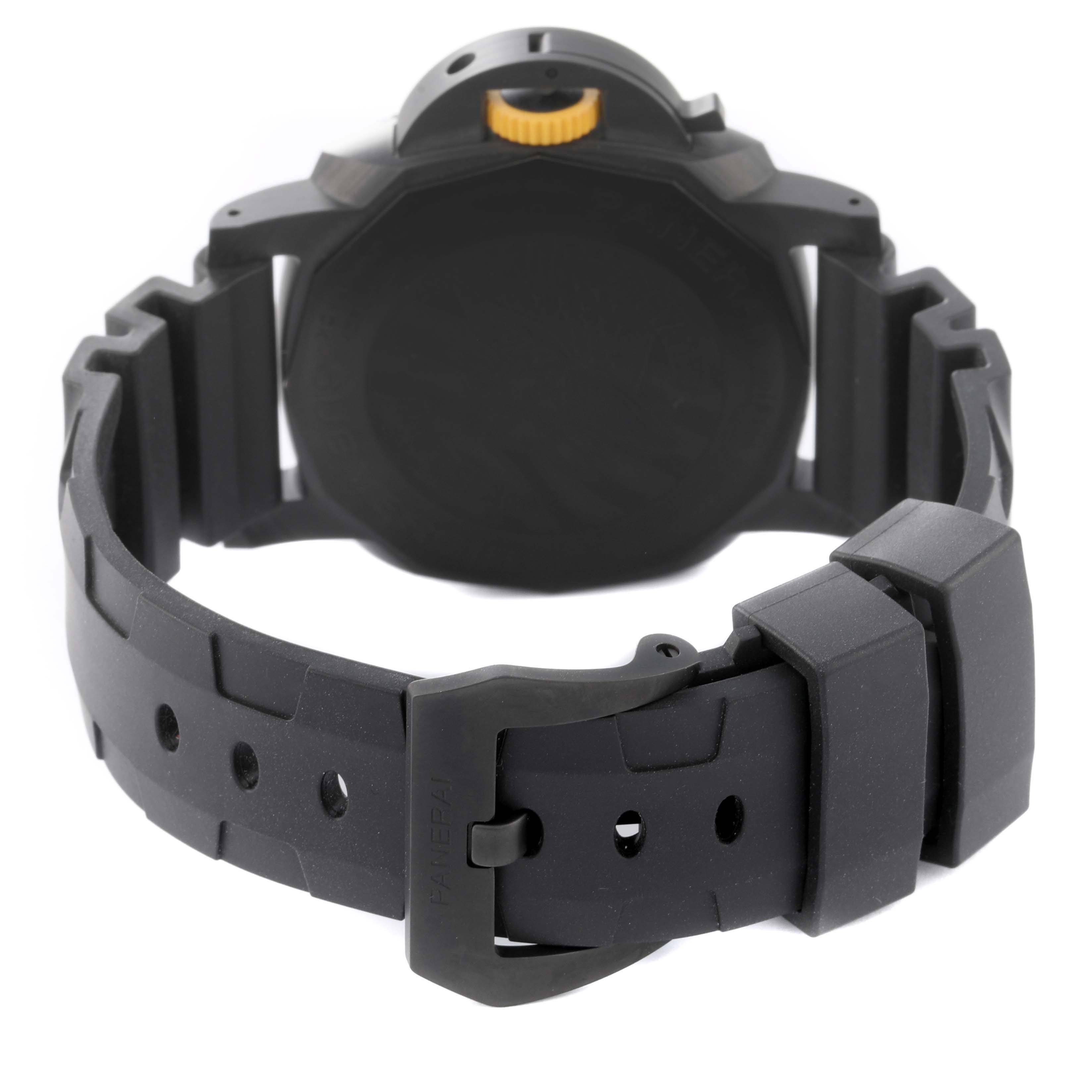 The image shows the back view of a Panerai Submersible PAM01324 Men's Ceramic Grey Dial PAM01324 Men's Ceramic Grey Dial model watch, highlighting the black rubber strap and closed clasp.