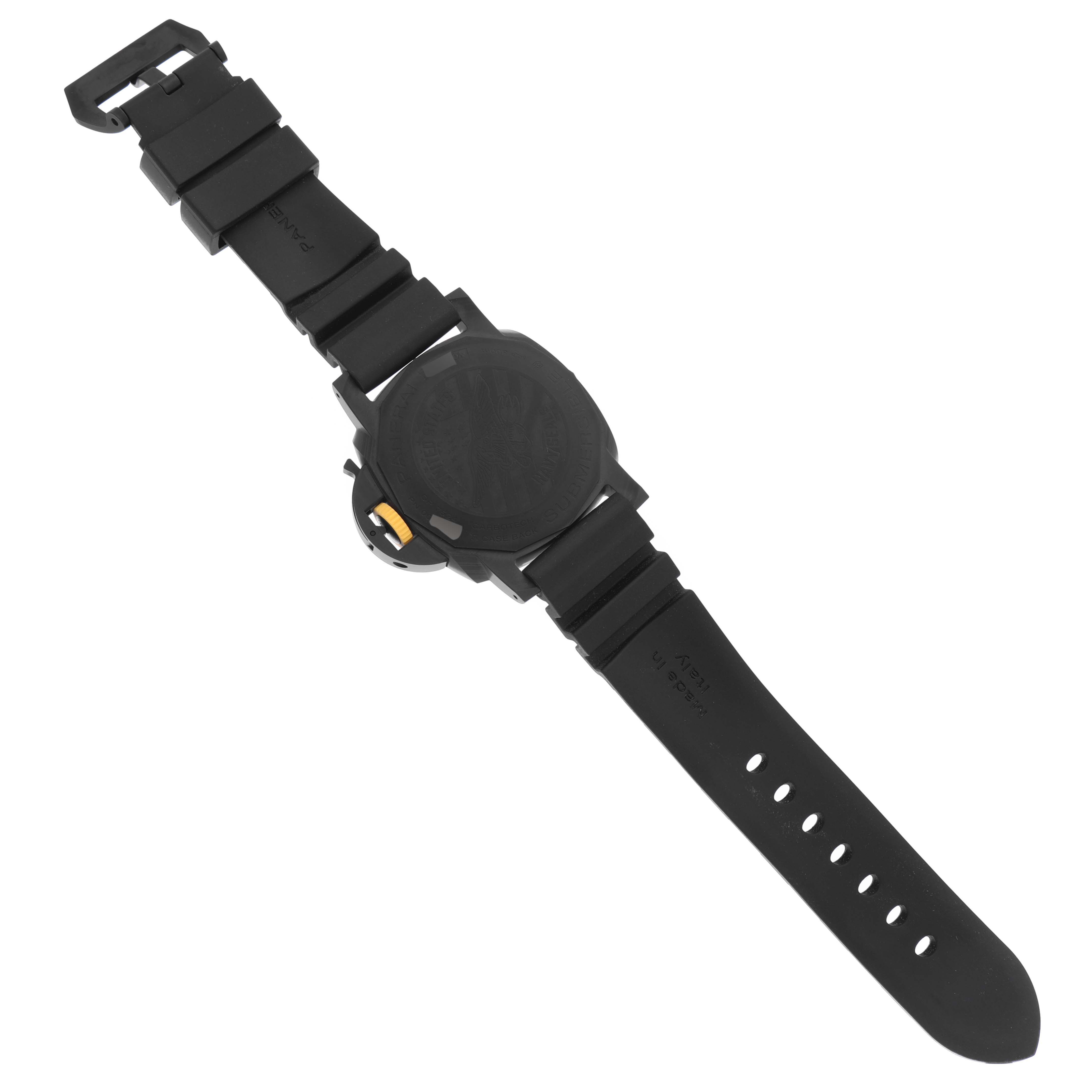 The image shows the back side of a Panerai Submersible PAM01324 Men's Ceramic Grey Dial PAM01324 Men's Ceramic Grey Dial watch, highlighting the strap, buckle, and case back.