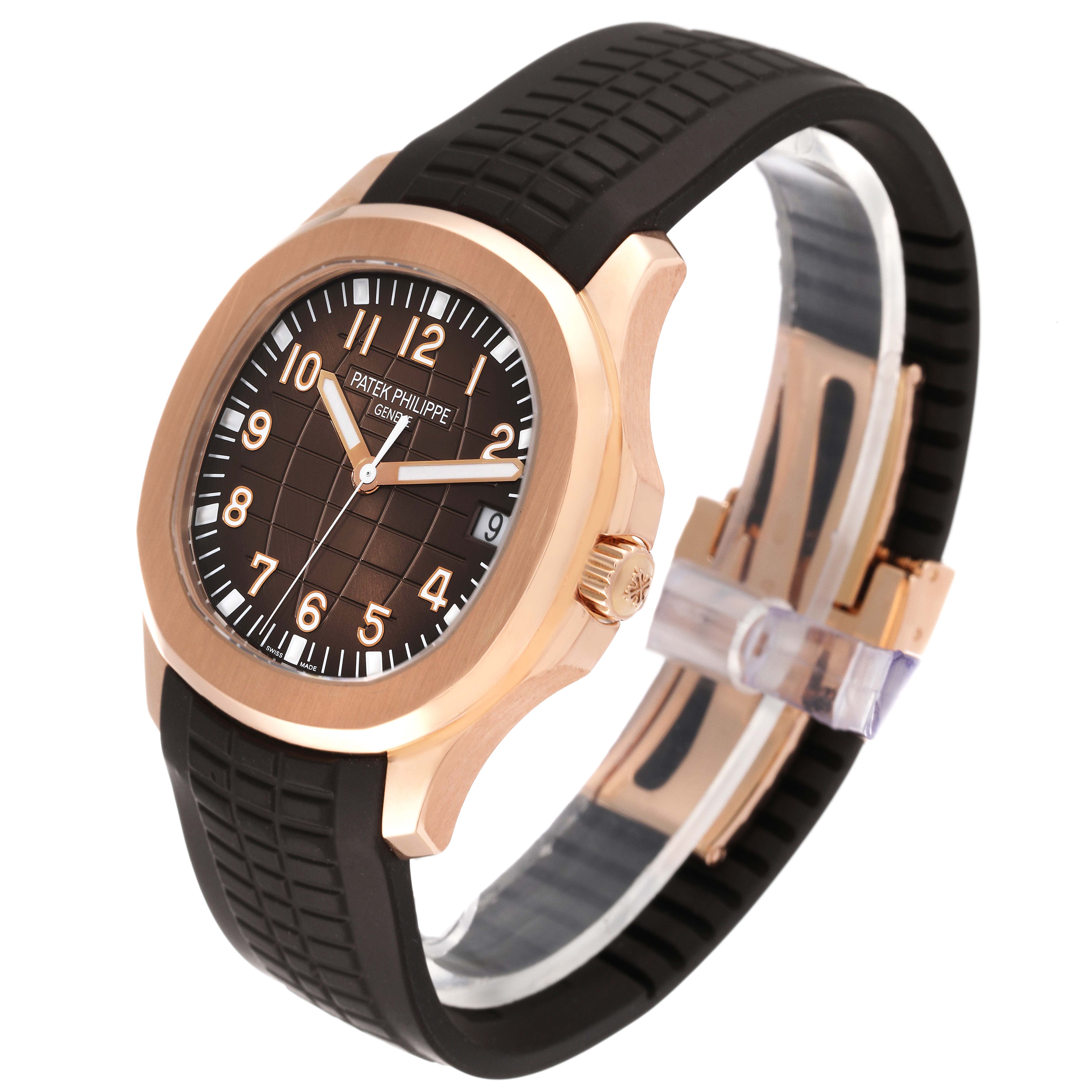 This image shows a Patek Philippe Aquanaut 5167R-001 Men's Rose Gold Brown Dial 5167R-001 Men's Rose Gold Brown Dial watch viewed at a front angle, featuring its dial, case, and rubber strap.