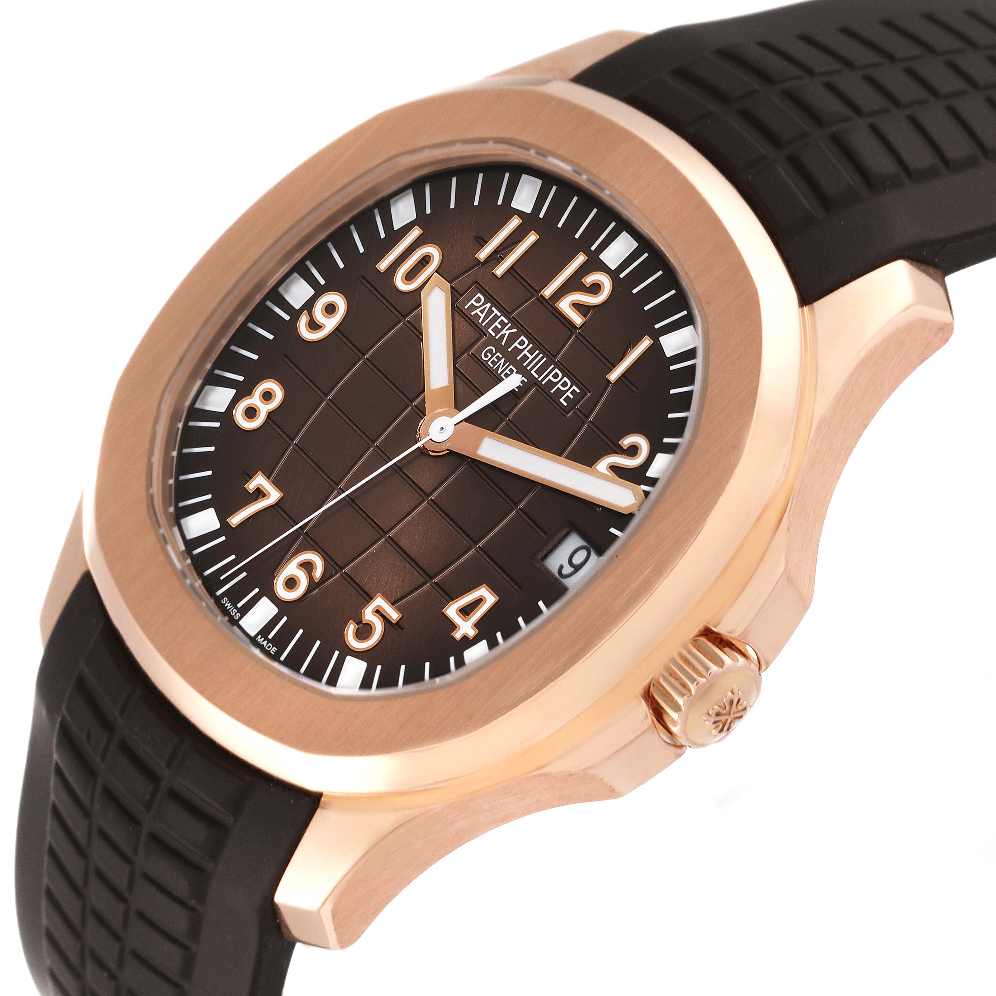 This image shows a Patek Philippe Aquanaut 5167R-001 Men's Rose Gold Brown Dial 5167R-001 Men's Rose Gold Brown Dial watch at an angle highlighting the dial, case, crown, and part of the strap.