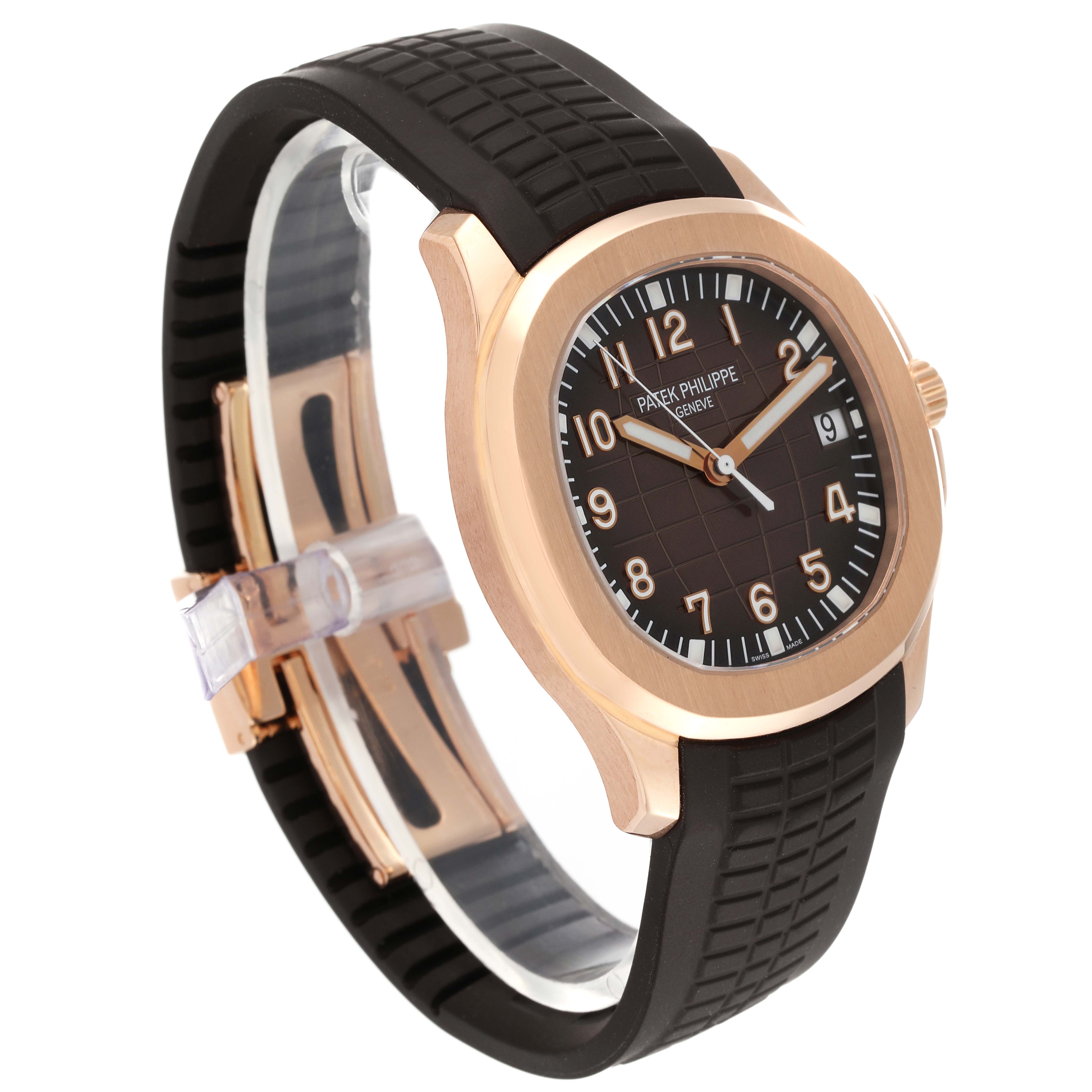 This image shows a side angle of the Patek Philippe Aquanaut 5167R-001 Men's Rose Gold Brown Dial 5167R-001 Men's Rose Gold Brown Dial watch highlighting its face, strap, and clasp.