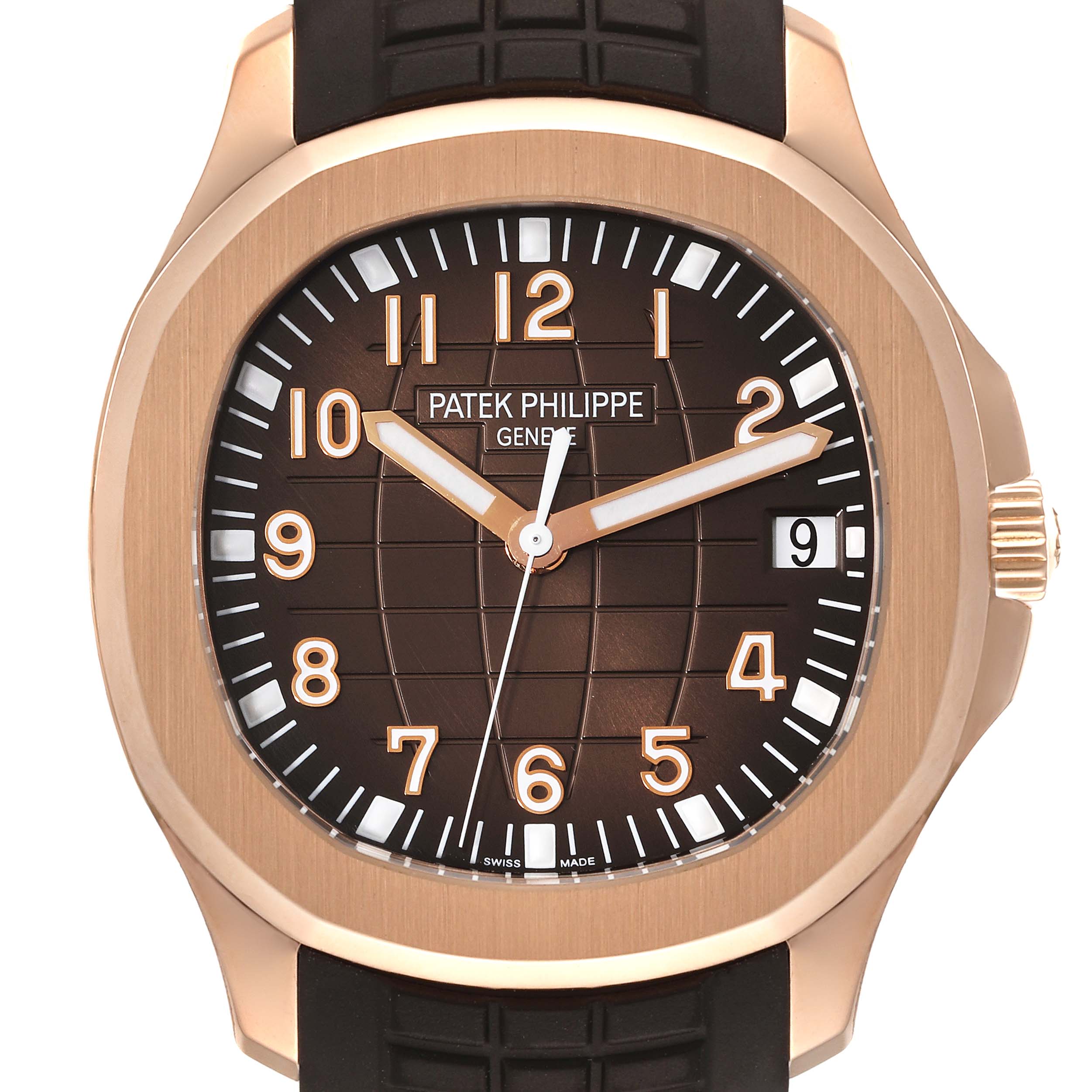 This image shows a frontal view of the Patek Philippe Aquanaut 5167R-001 Men's Rose Gold Brown Dial 5167R-001 Men's Rose Gold Brown Dial watch, highlighting its dial, hands, numerals, date function, and part of the strap.