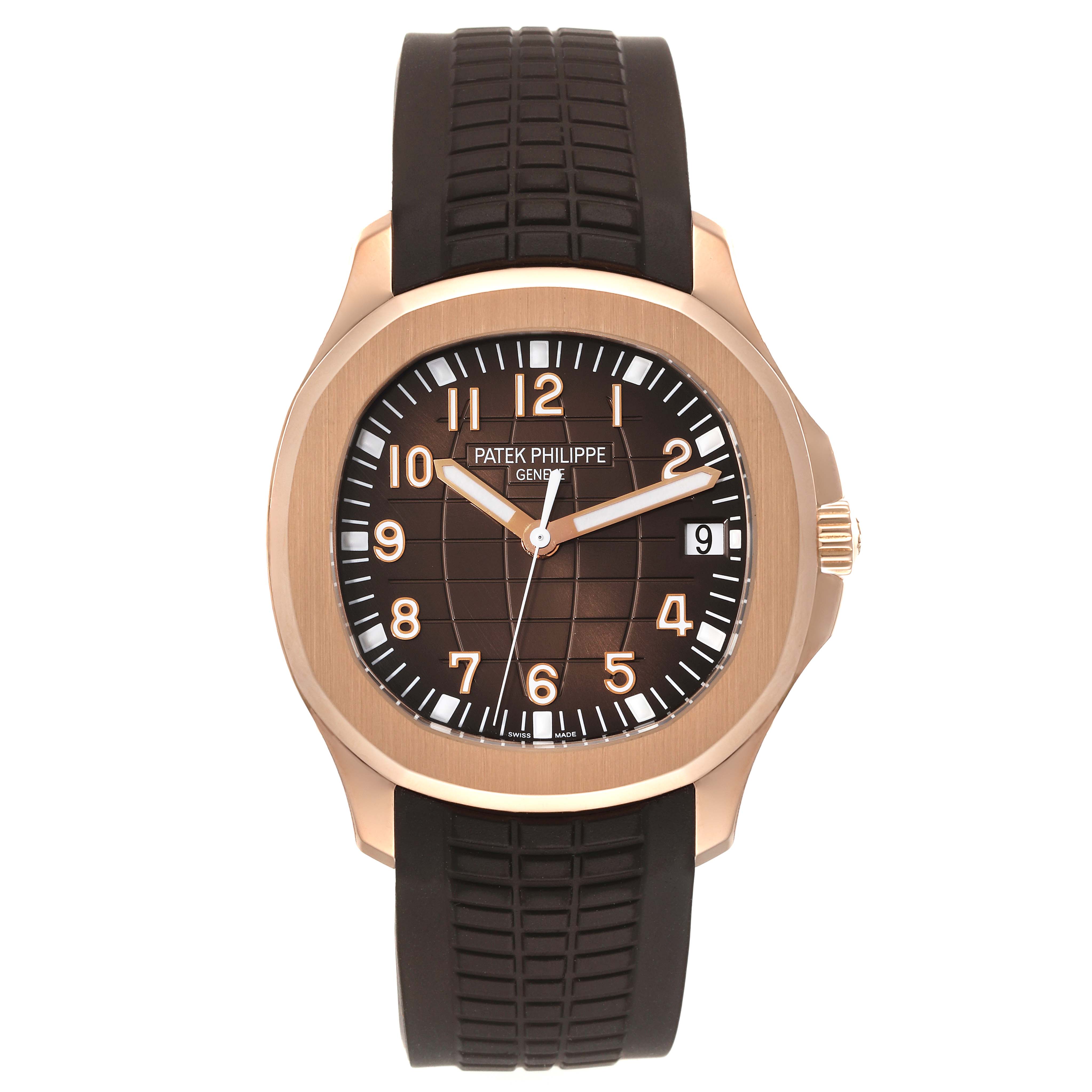 The Patek Philippe Aquanaut 5167R-001 Men's Rose Gold Brown Dial 5167R-001 Men's Rose Gold Brown Dial watch is shown from a front angle, displaying its dial, bezel, and rubber strap.