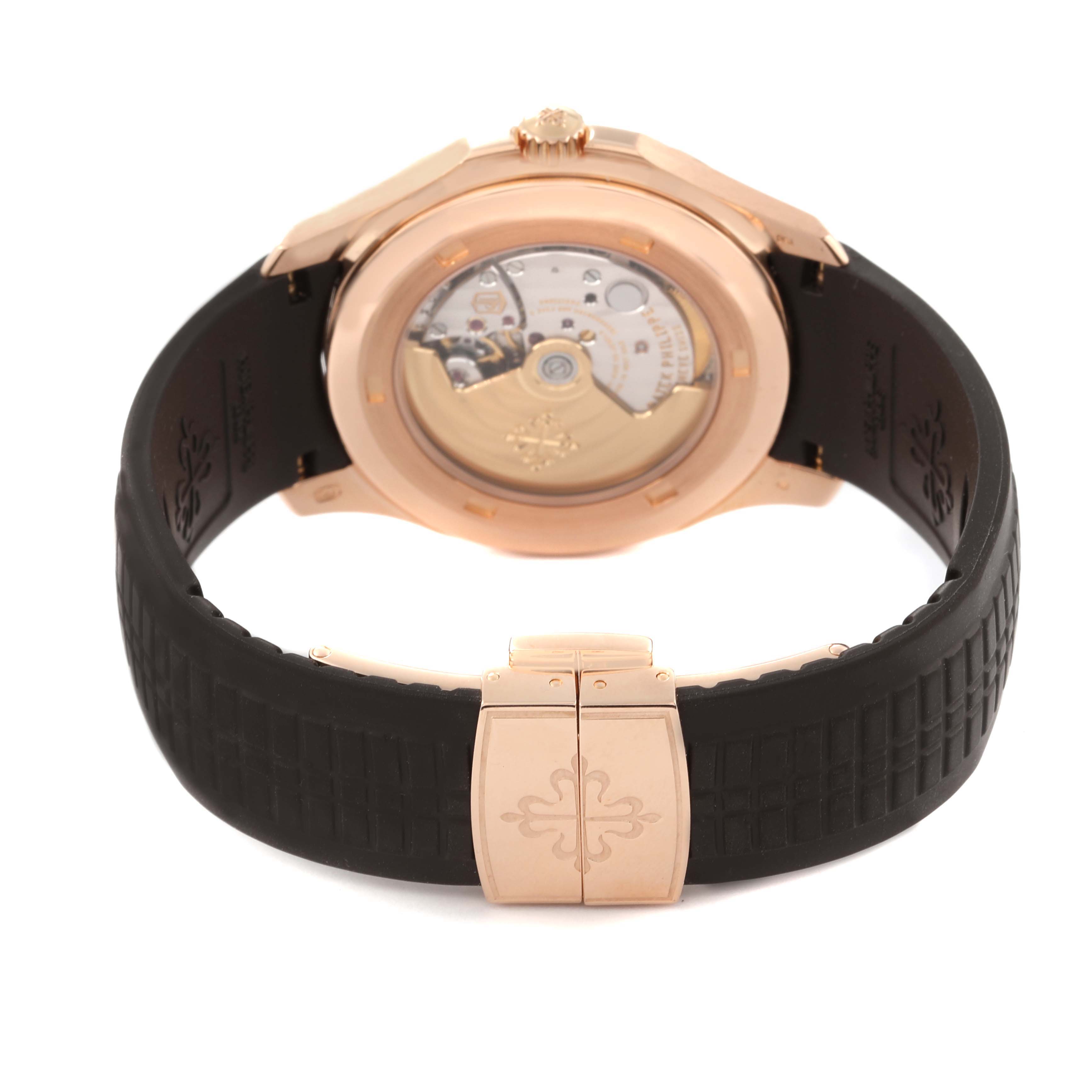 This image shows the back view of a Patek Philippe Aquanaut 5167R-001 Men's Rose Gold Brown Dial 5167R-001 Men's Rose Gold Brown Dial watch, highlighting its movement and clasp.