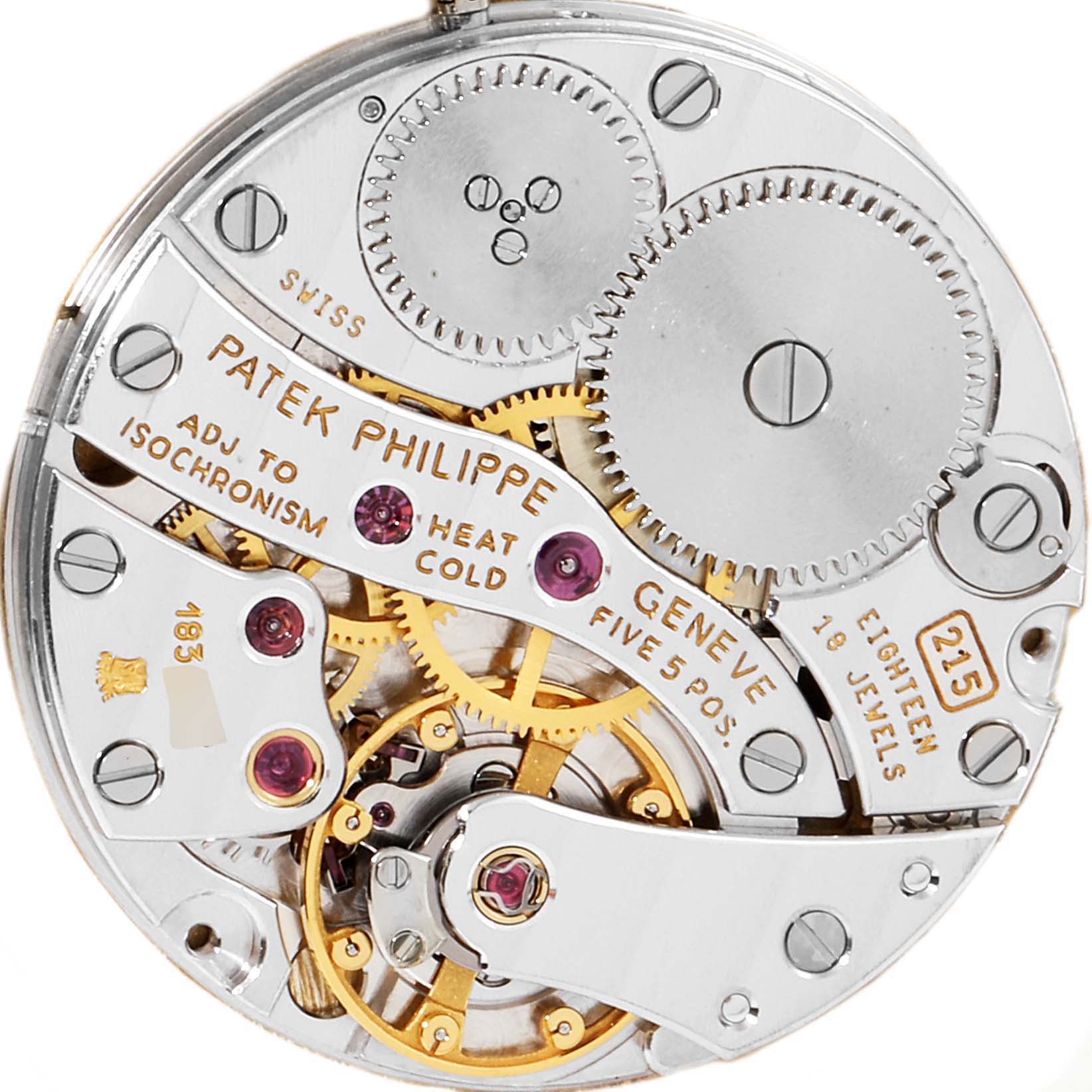 This image shows a close-up of the movement mechanism of the Patek Philippe Calatrava 3893J Men's Yellow Gold Beige Dial 3893J Men's Yellow Gold Beige Dial model watch, highlighting gears and jewels.