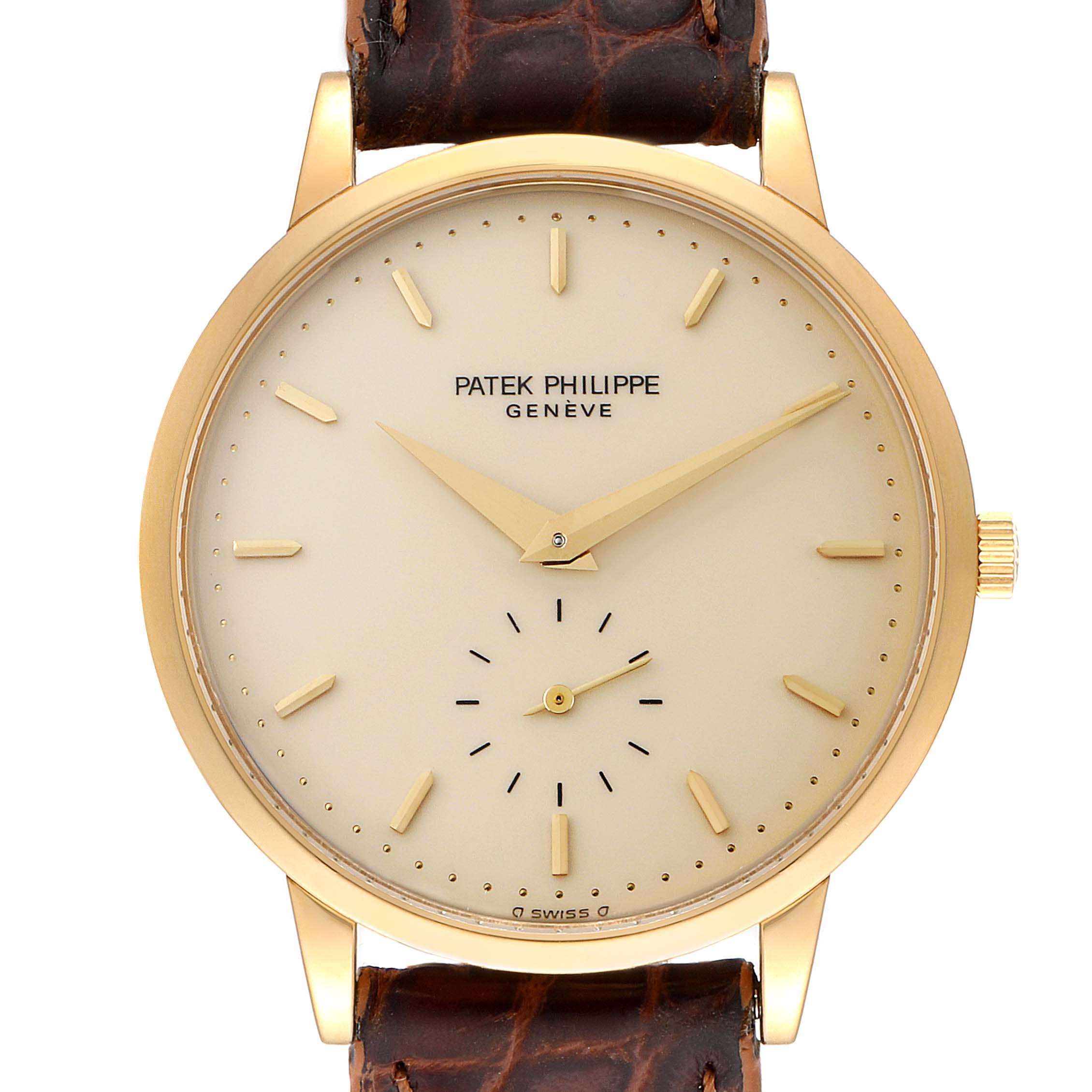 The image shows a front view of the Patek Philippe Calatrava 3893J Men's Yellow Gold Beige Dial 3893J Men's Yellow Gold Beige Dial watch, highlighting its face, hands, and part of the strap.