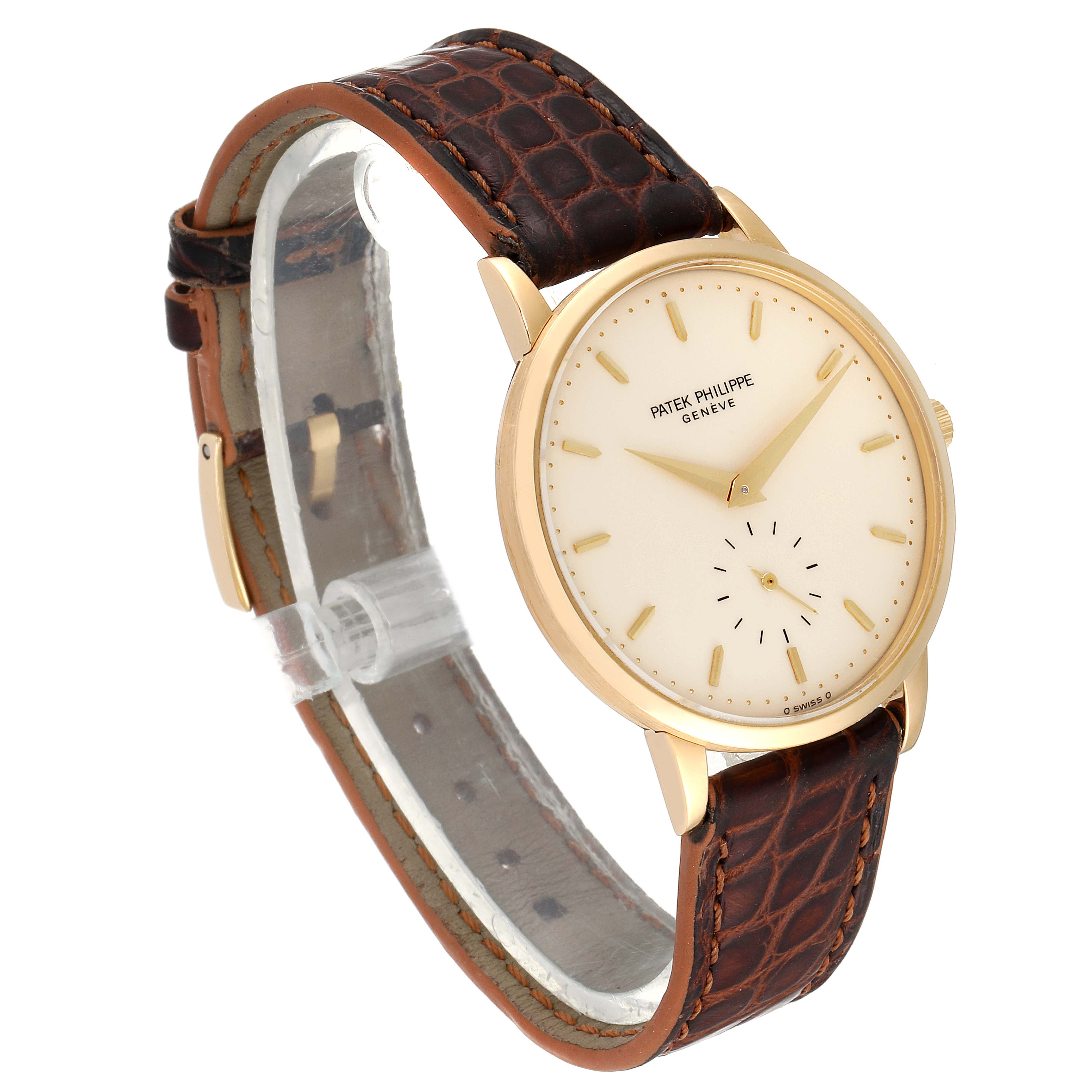 The image shows a Patek Philippe Calatrava 3893J Men's Yellow Gold Beige Dial 3893J Men's Yellow Gold Beige Dial watch at a three-quarter angle, highlighting its dial, case, and leather strap.