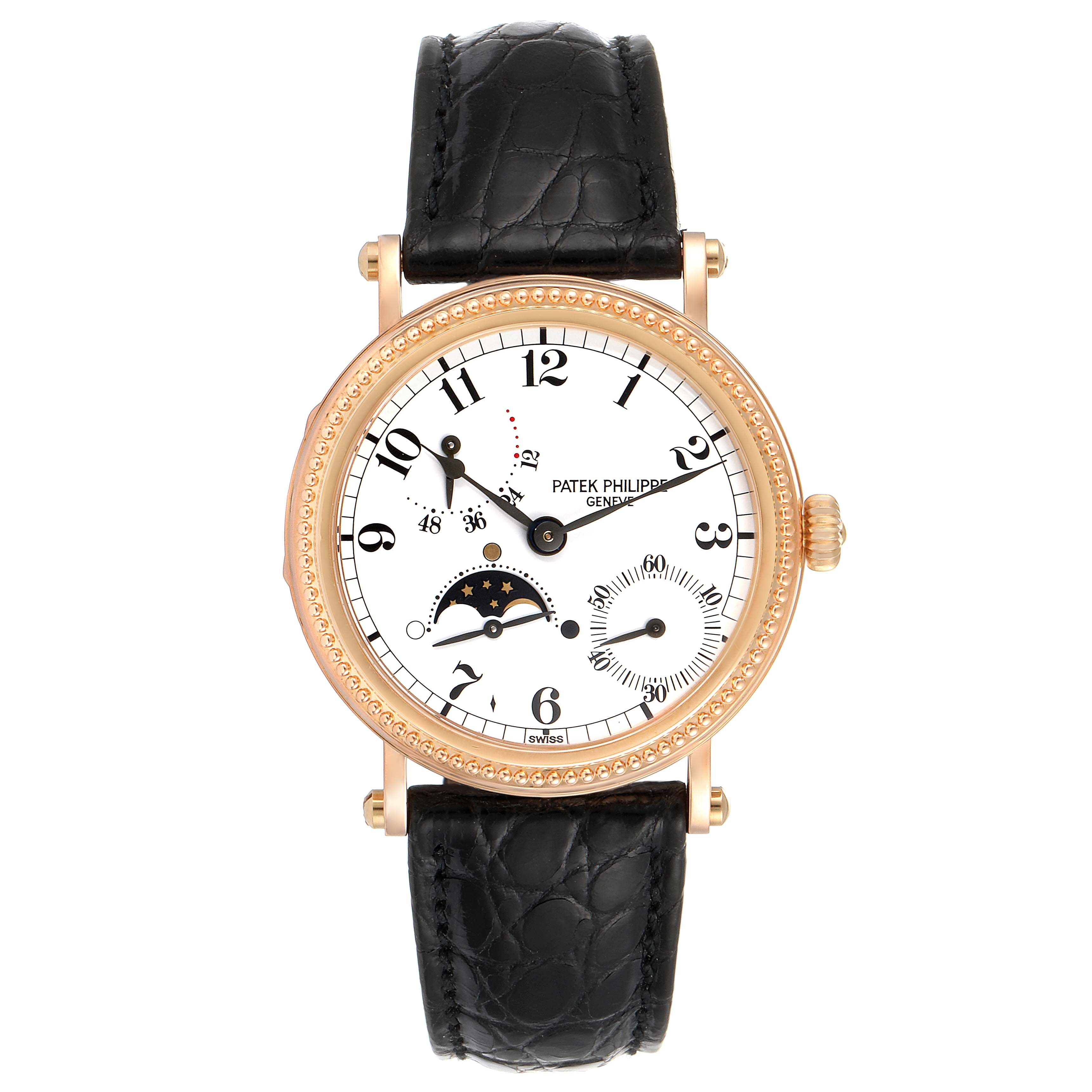 The image shows a front view of a Patek Philippe Calatrava 5015 Men's Rose Gold White Dial 5015 Men's Rose Gold White Dial watch with a black leather strap and a white dial with moon phase and subdials.