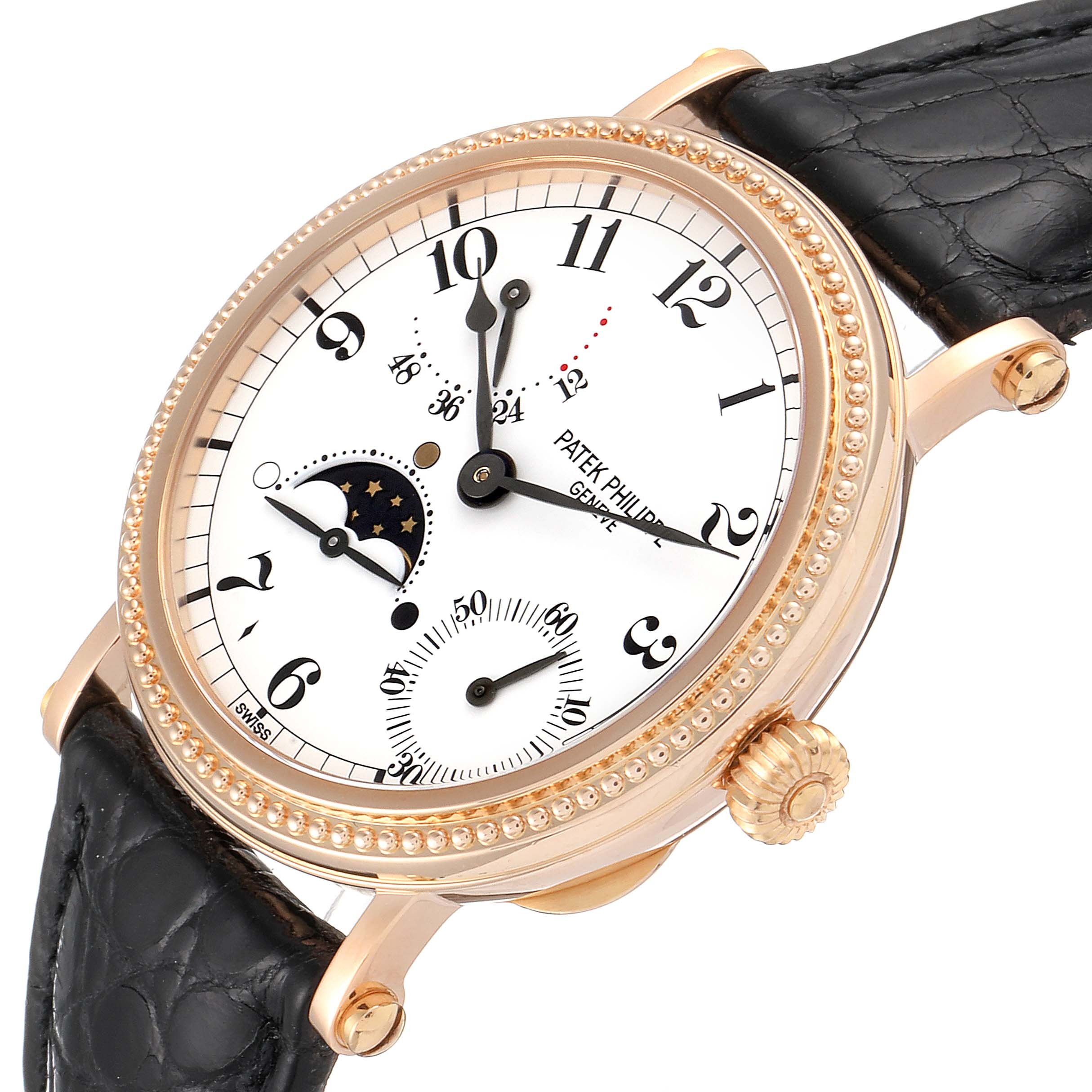 The Patek Philippe Calatrava 5015 Men's Rose Gold White Dial 5015 Men's Rose Gold White Dial watch is shown at an angle, displaying its face, bezel, crown, and black leather strap.
