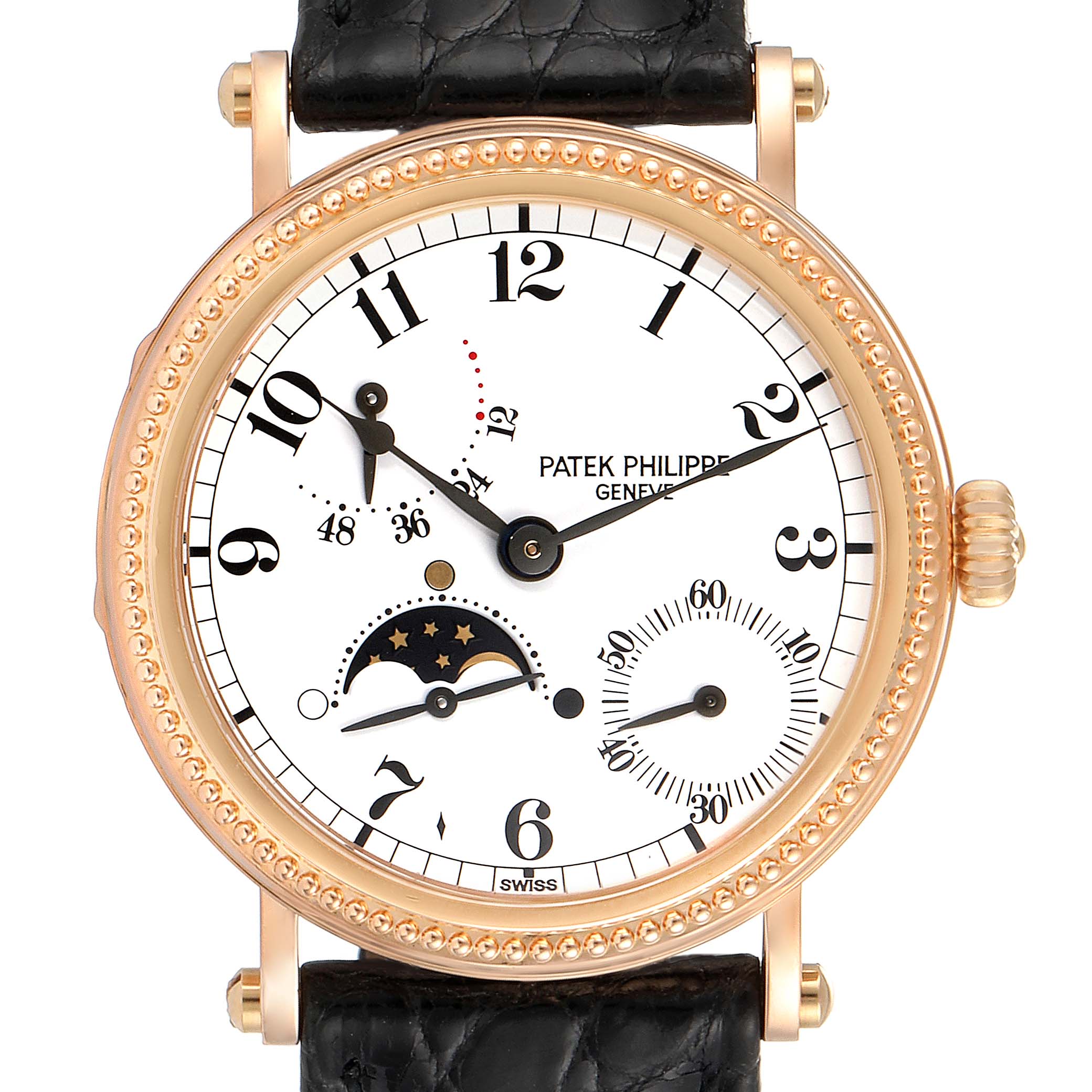 The image shows a front view of a Patek Philippe Calatrava 5015 Men's Rose Gold White Dial 5015 Men's Rose Gold White Dial watch, revealing the dial, bezel, and part of the leather strap.