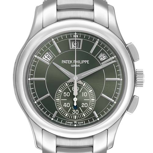 The Patek Philippe Complications 5905/1A-001 Men's Stainless Steel Green Dial watch is shown from a front angle, highlighting its green dial, day-date windows, and metal bracelet.