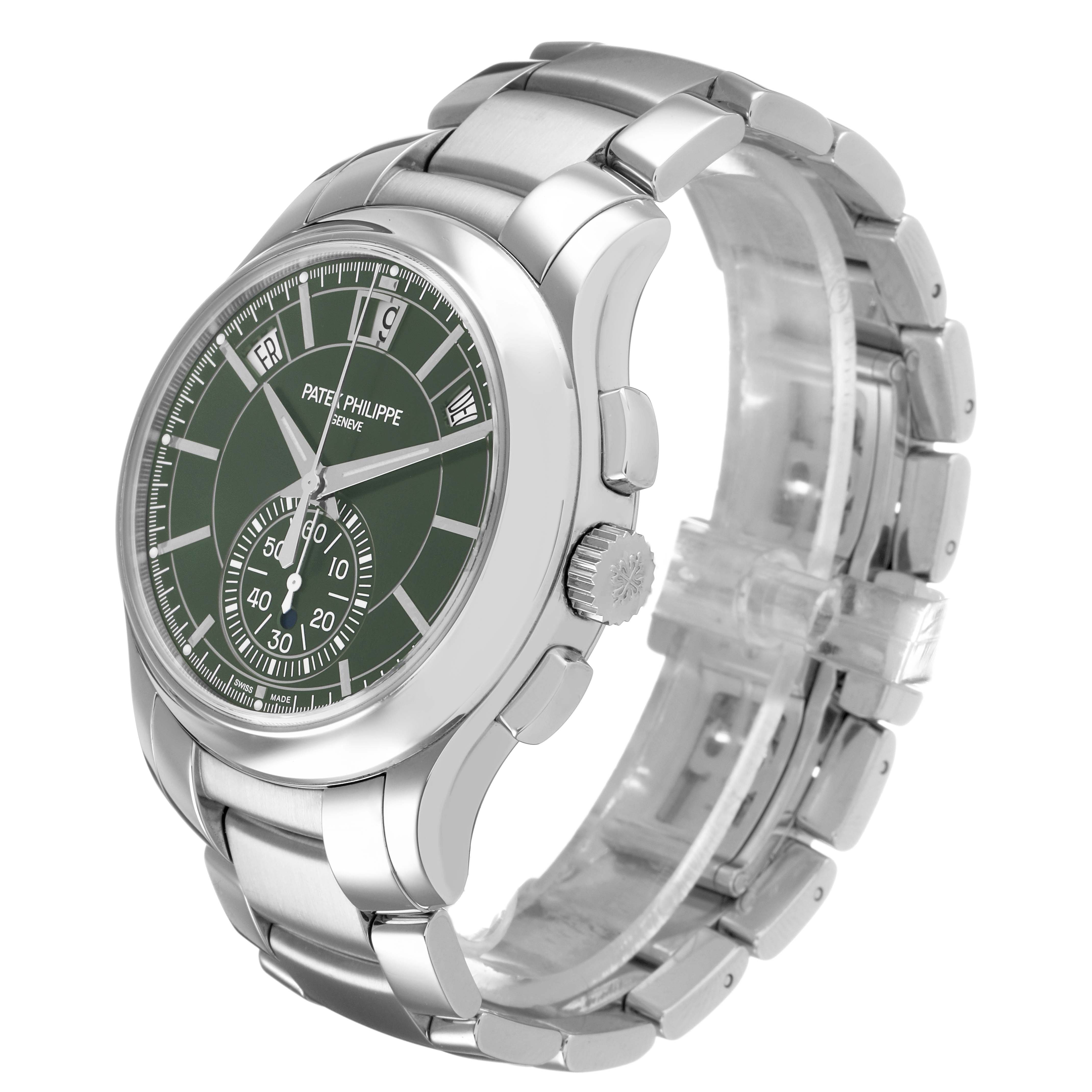 The Patek Philippe Complications 5905/1A-001 Men's Stainless Steel Green Dial watch is shown at a three-quarter angle, highlighting the dial, case, crown, and bracelet.
