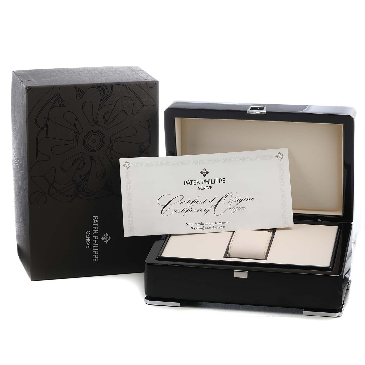 The image shows a Patek Philippe Complications 5905/1A-001 Men's Stainless Steel Green Dial watch box, certificate, and packaging from a front angle.