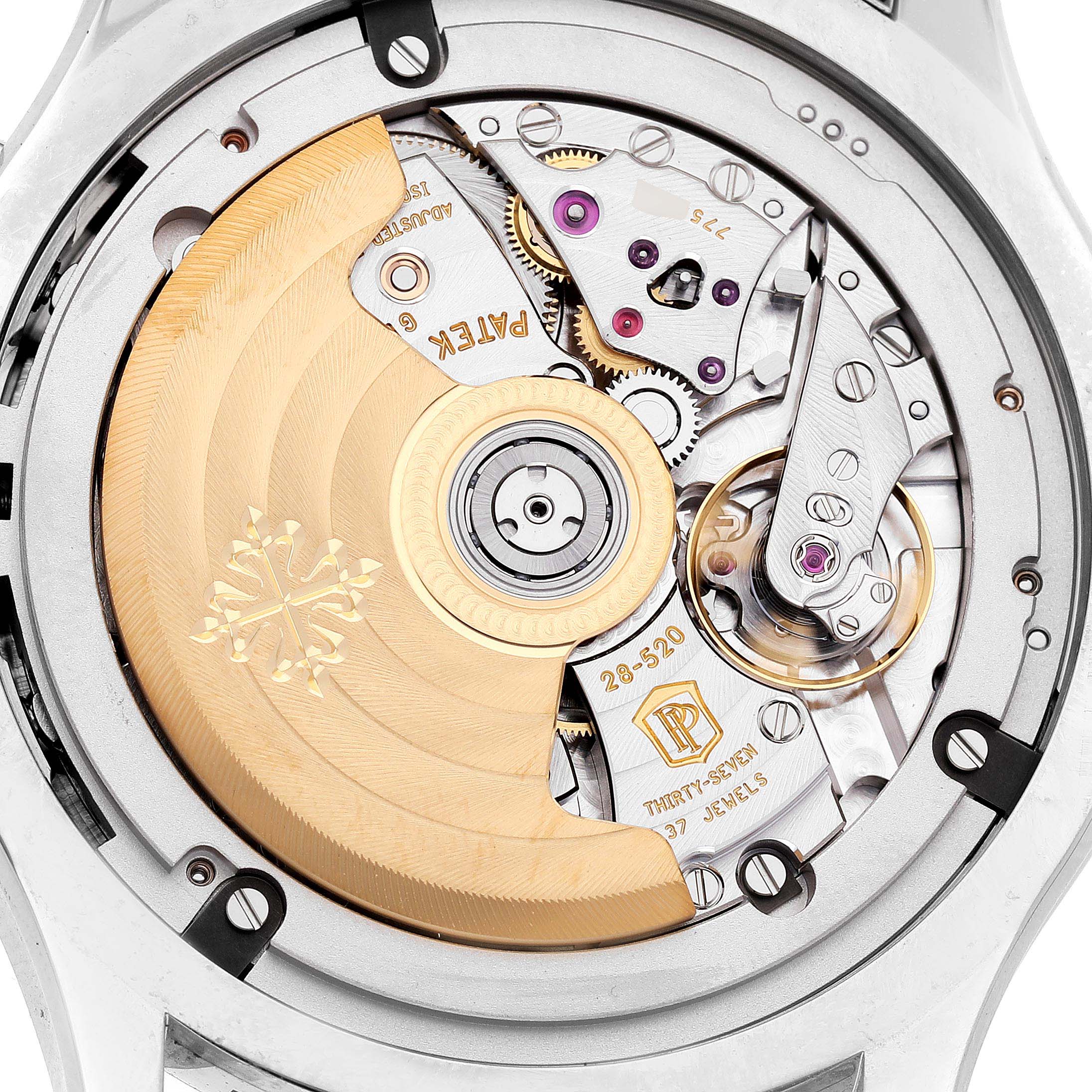 The image shows the back of a Patek Philippe Complications 5905/1A-001 Men's Stainless Steel Green Dial watch, highlighting the movement and rotor.